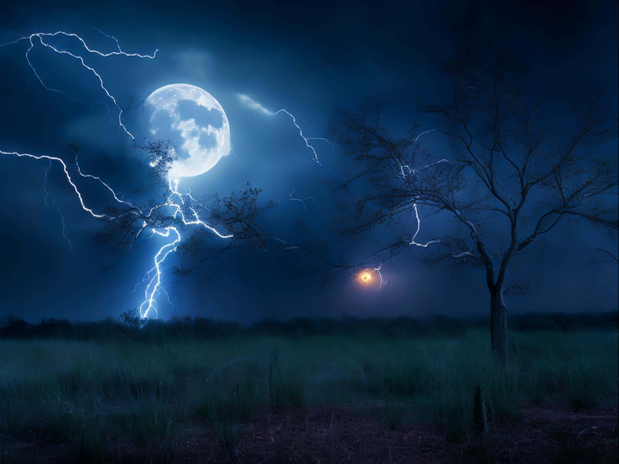 mystical moonlight lightning storm, full moon, lightning forks, Full HD Desktop Wallpaper