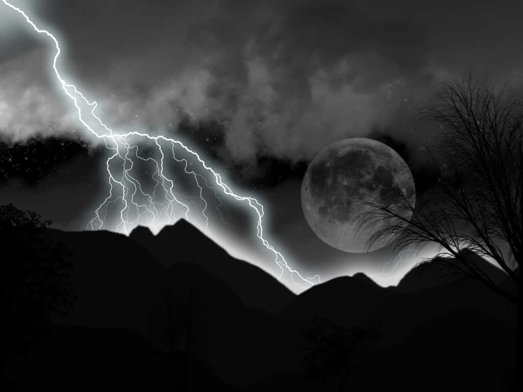 Lightning Storm, Mountainous Moonlit Landscape, Full Moon, SD Desktop Wallpaper