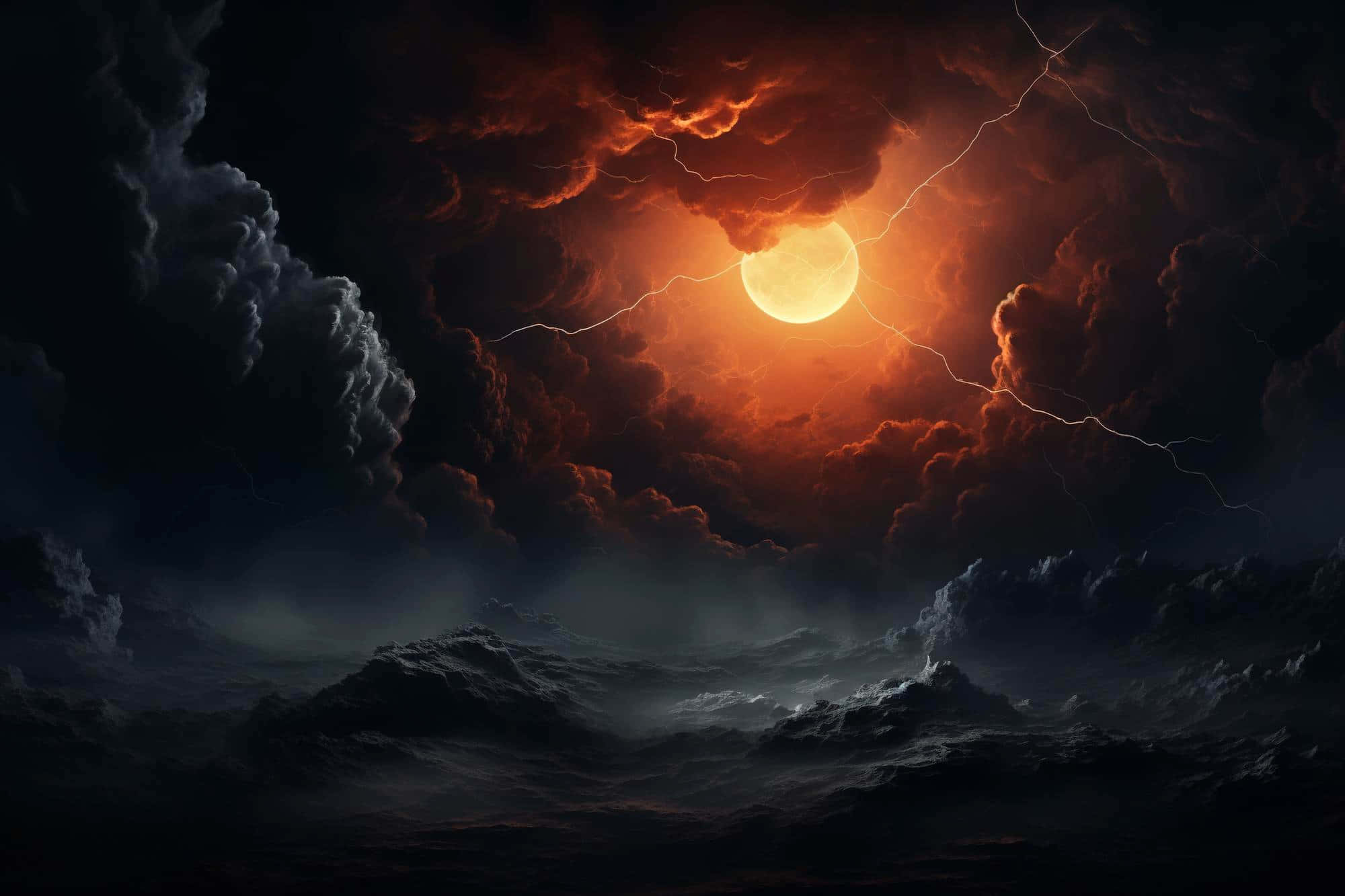 Electrifying Night Sky Moon, glowing orange moon, lightning, Full HD Desktop Wallpaper