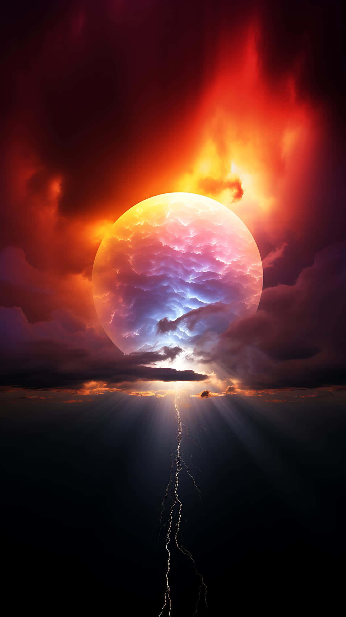 dramatic lightning moon, colossal fiery planet, swirling purple and orange clouds, Full HD Phone Wallpaper