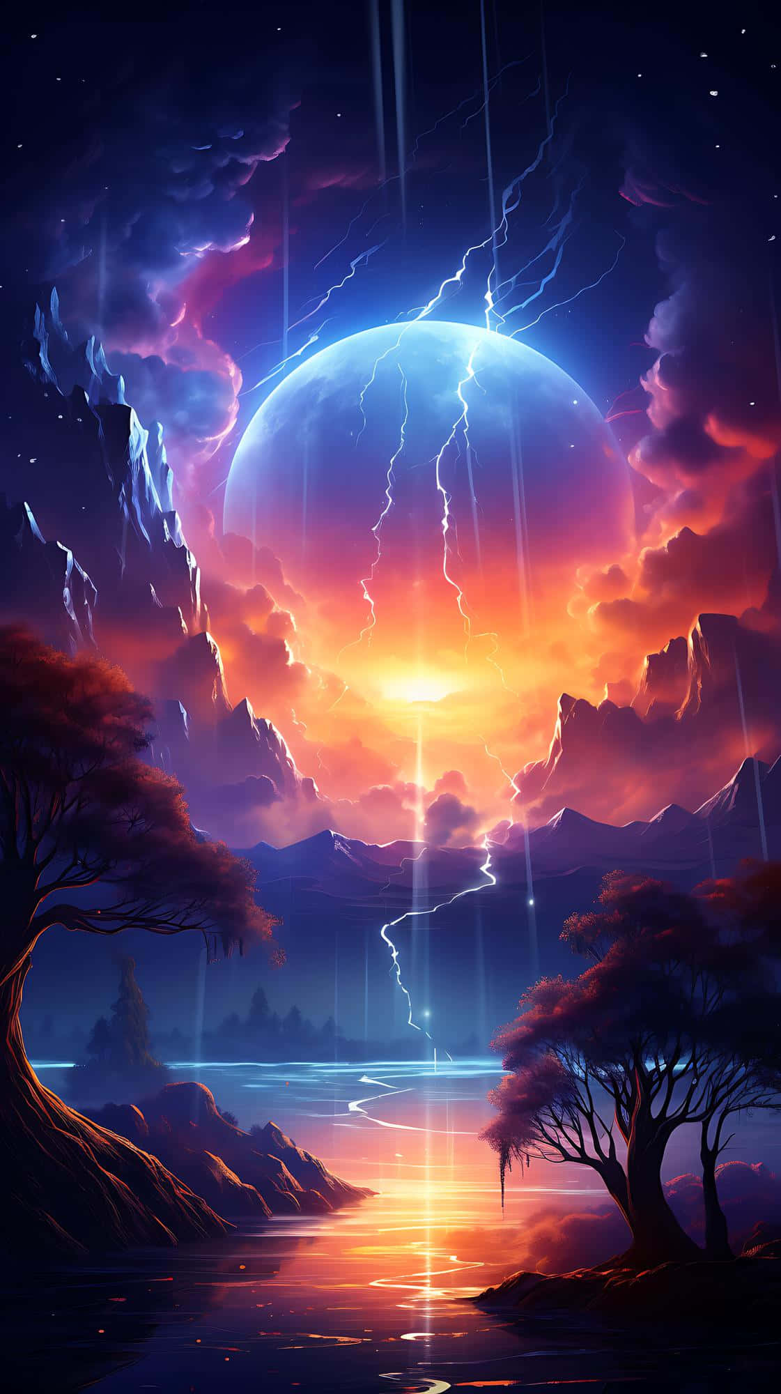 Electrifying Nature Moonrise, glowing planet, lightning, Full HD Phone Wallpaper