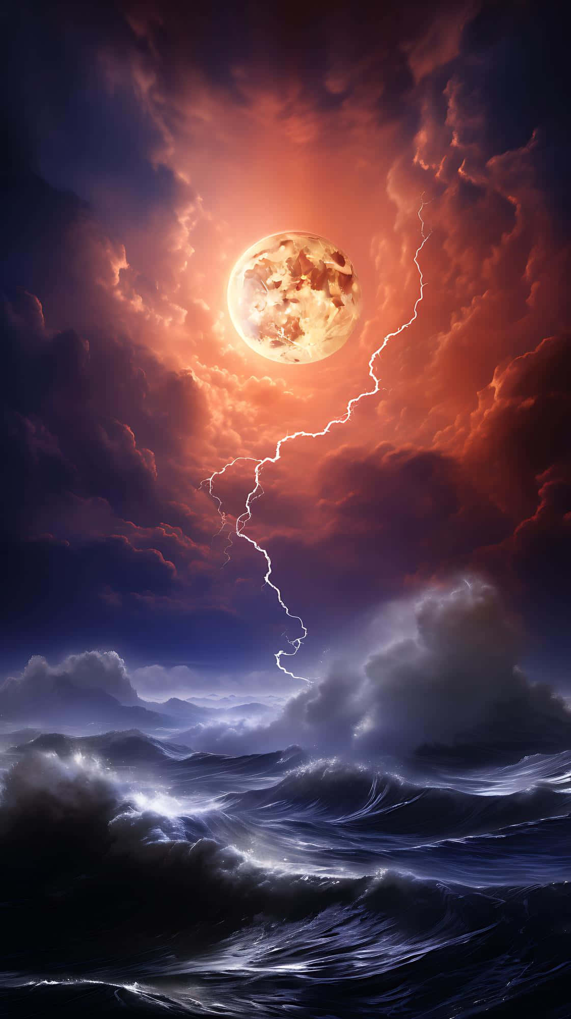 Electrifying Moonlit Sea, full moon, lightning, Full HD Phone Wallpaper