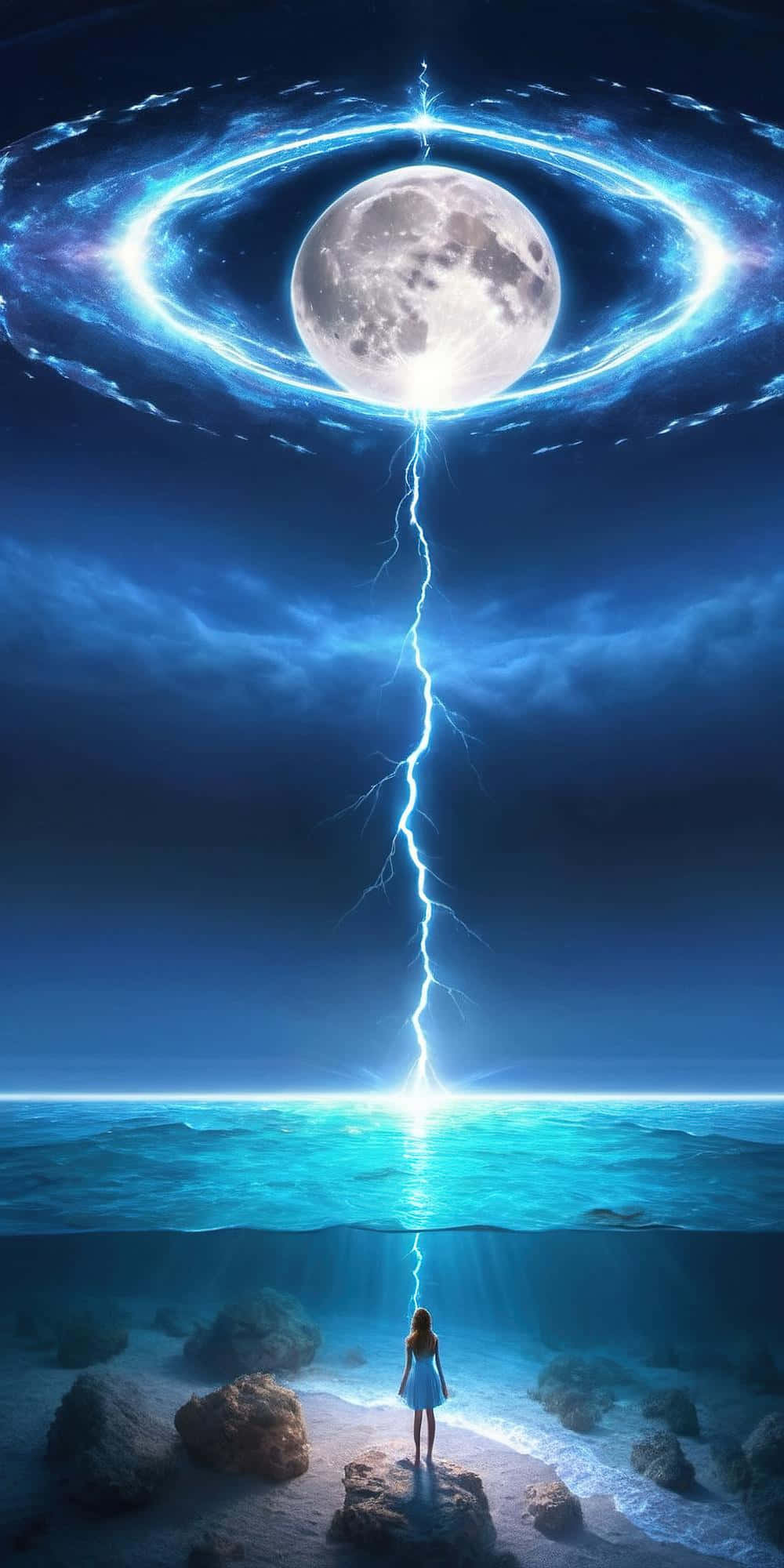colossal moon, glowing rings, lightning bolt, Full HD Phone Wallpaper