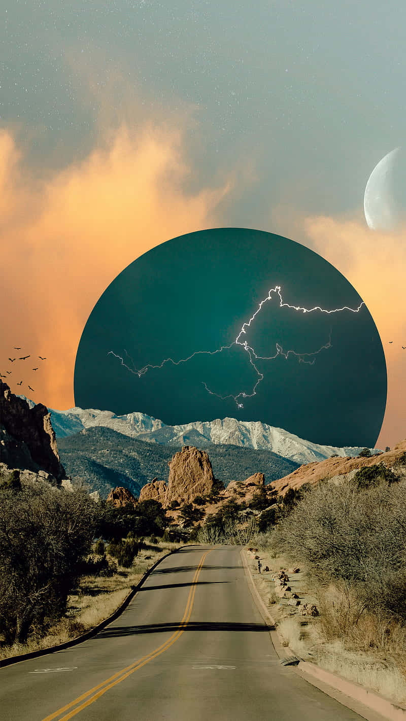 Lightning Storm Moon, mountain road, snow-capped mountains, HD Phone Wallpaper