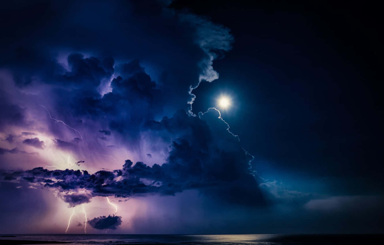 Electrifying Night Sky_with_Moon, vivid purple lightning, dark clouds, HD Desktop Wallpaper