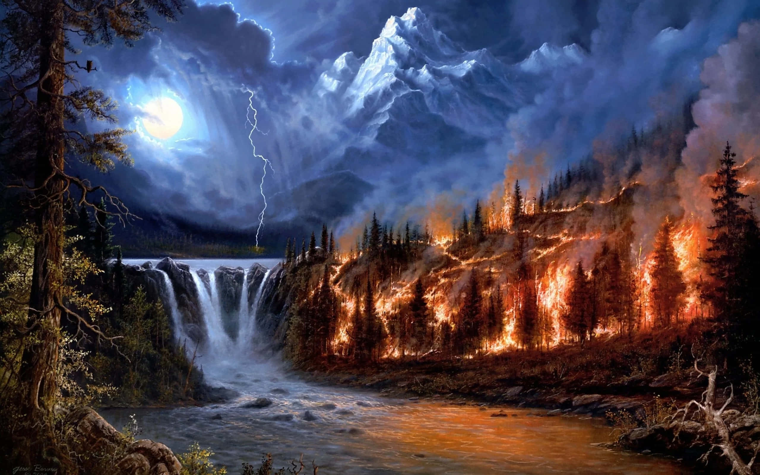Lightning Storm Moon, forest fire, waterfall, 2K Desktop Wallpaper