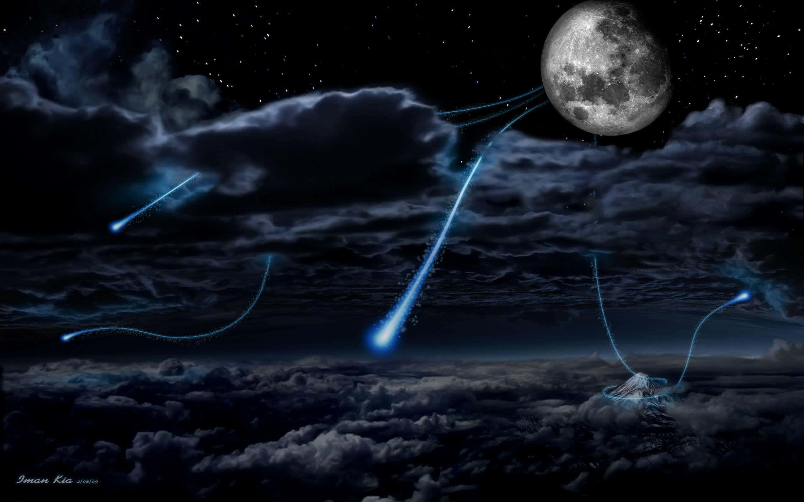 mountain peak, storm clouds, glowing blue meteors, 2K Desktop Wallpaper