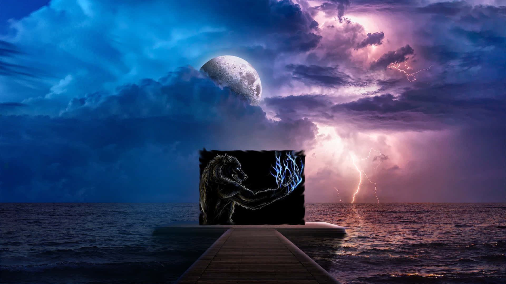 wolf silhouette, floating platform, lightning storm, Full HD Desktop Wallpaper
