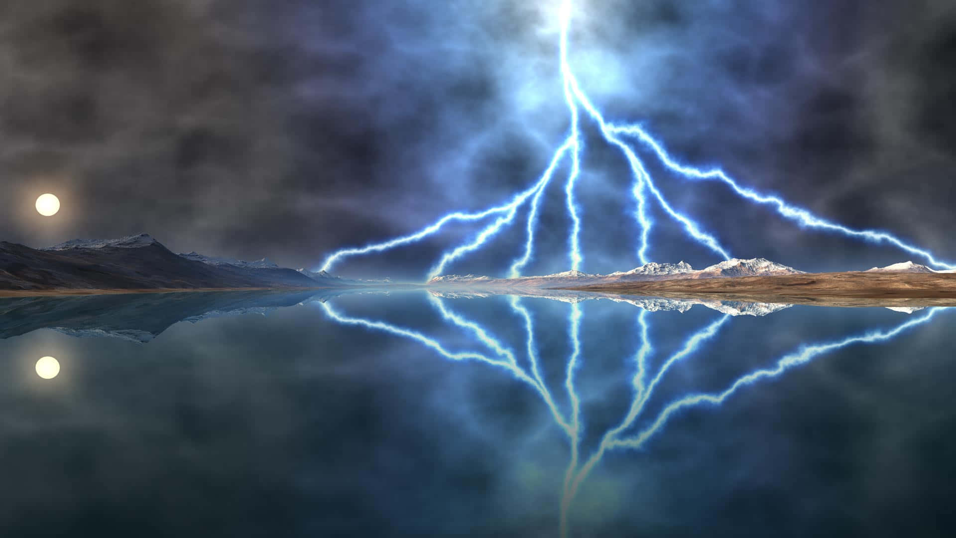 Lightning Storm Moon, mountain lake, night, Full HD Desktop Wallpaper