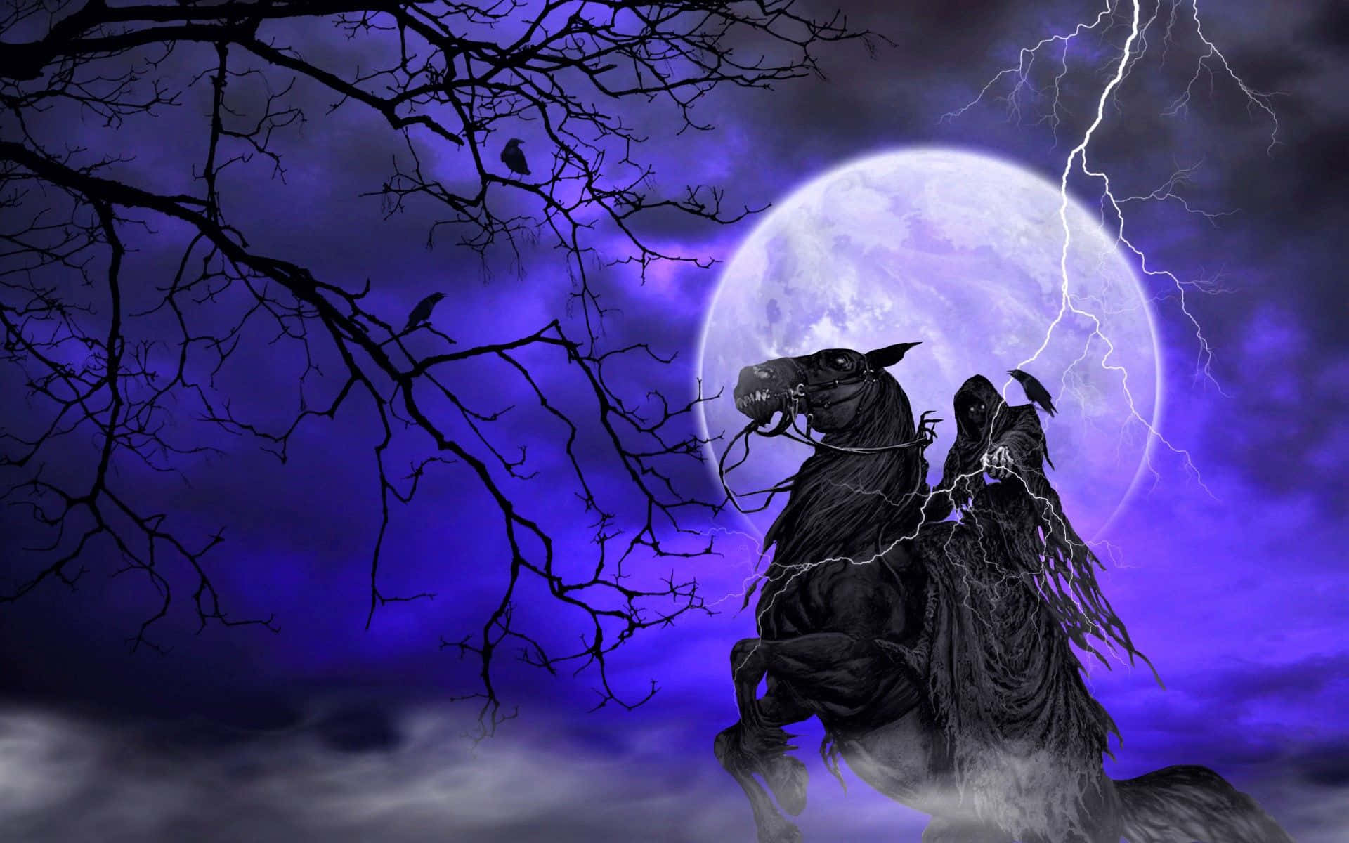 hooded figure, skeletal horse, full moon, Full HD Desktop Wallpaper