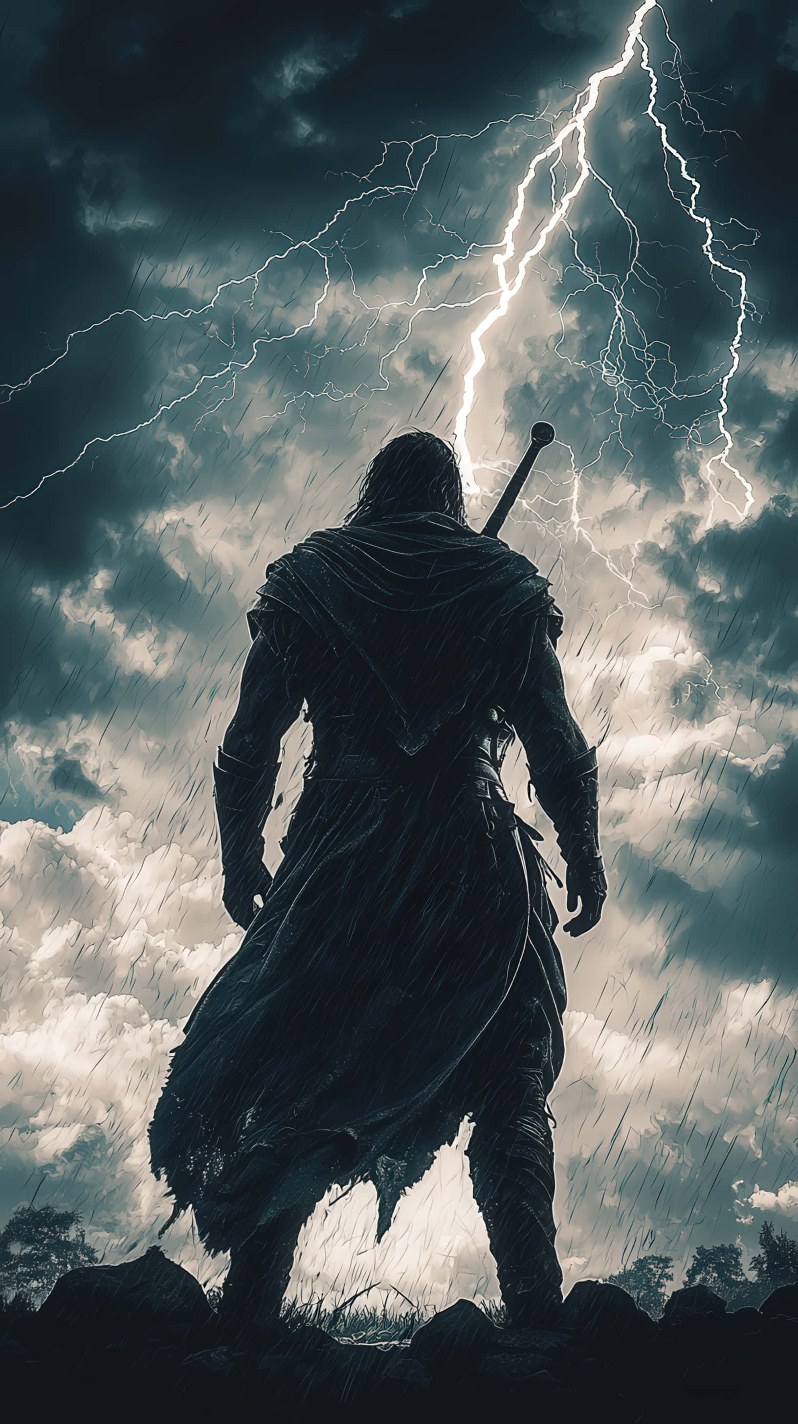 lone warrior, stormy sky, lightning, 2K Phone Wallpaper