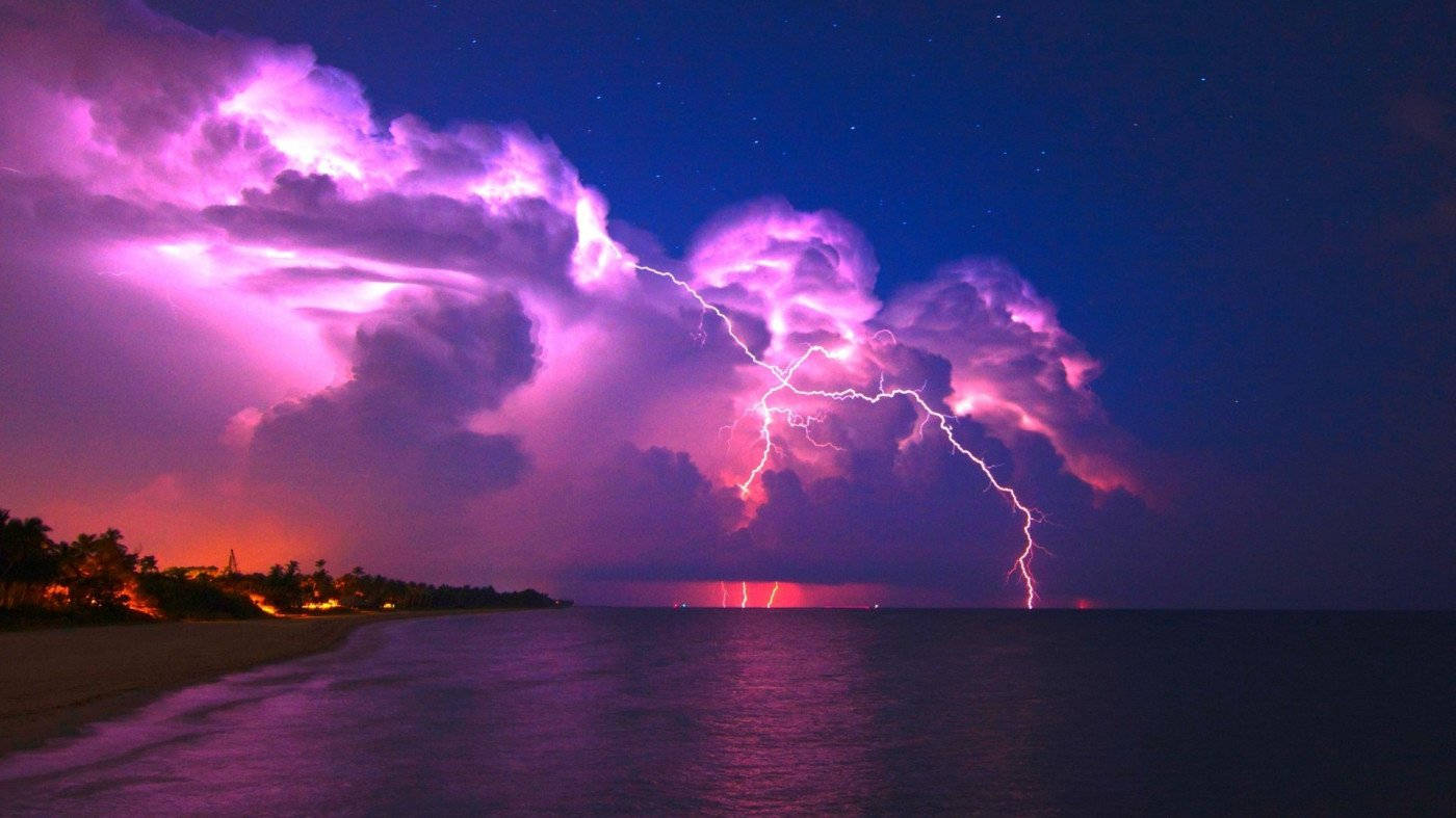 pink thunderstorm clouds, purple lightning, dark ocean, HD Desktop Wallpaper
