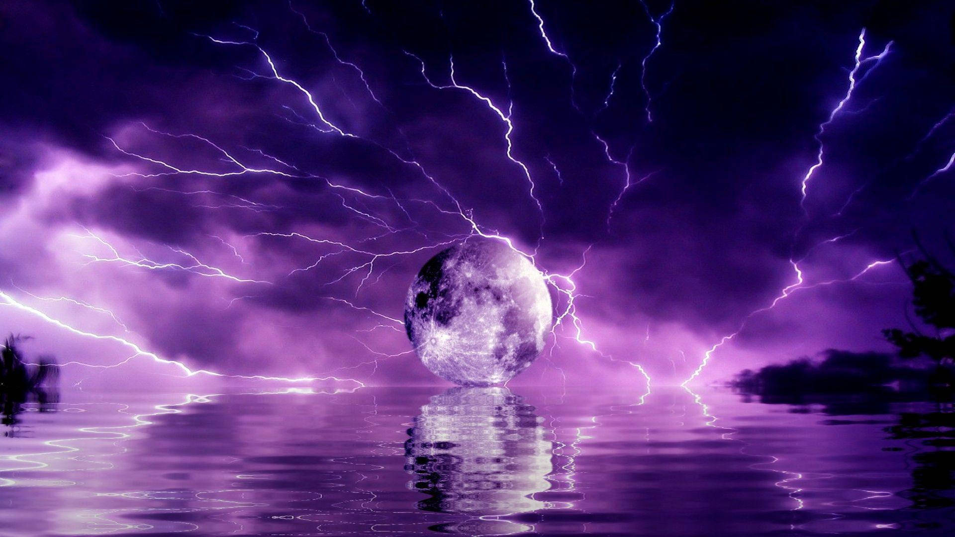purple moon, thunderstorm, glowing moon, Full HD Desktop Wallpaper