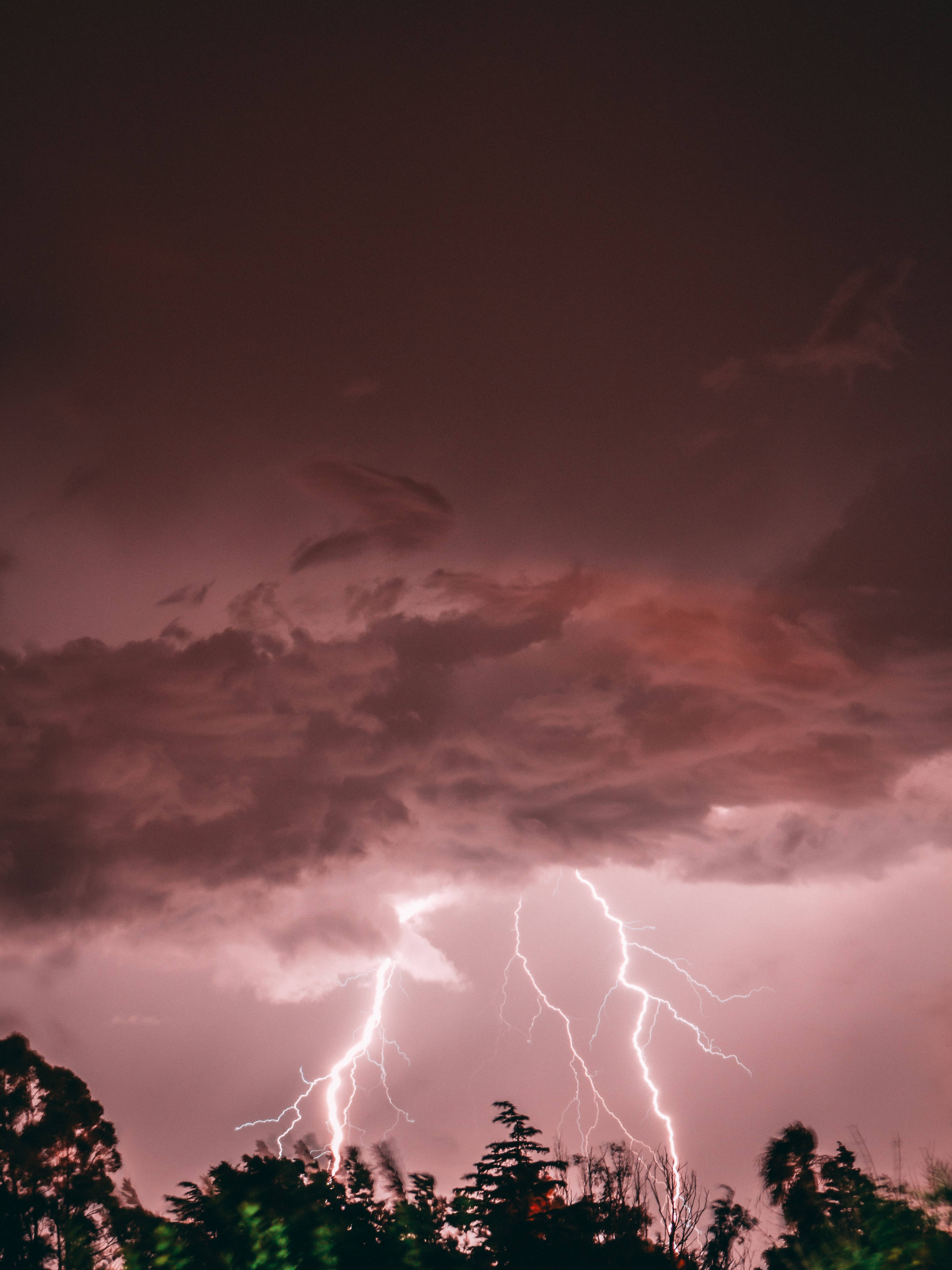 lightning, pink sky, stormy sky, 4K Phone Wallpaper