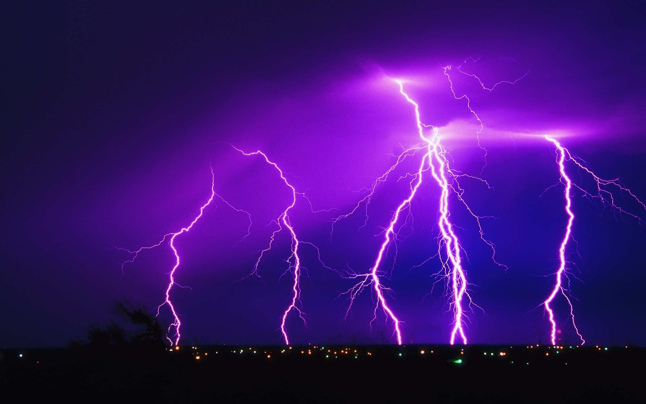 purple lightning, dark night sky, distant horizon, Full HD Desktop Wallpaper