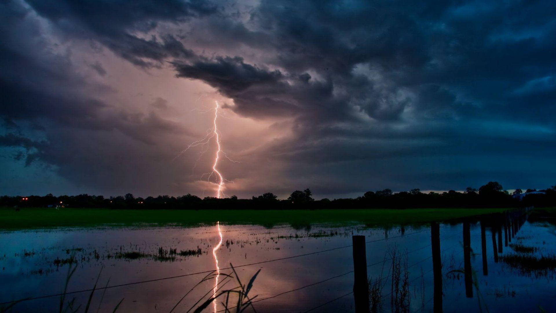 lightning strike, flooded field, dusk, Full HD Desktop Wallpaper