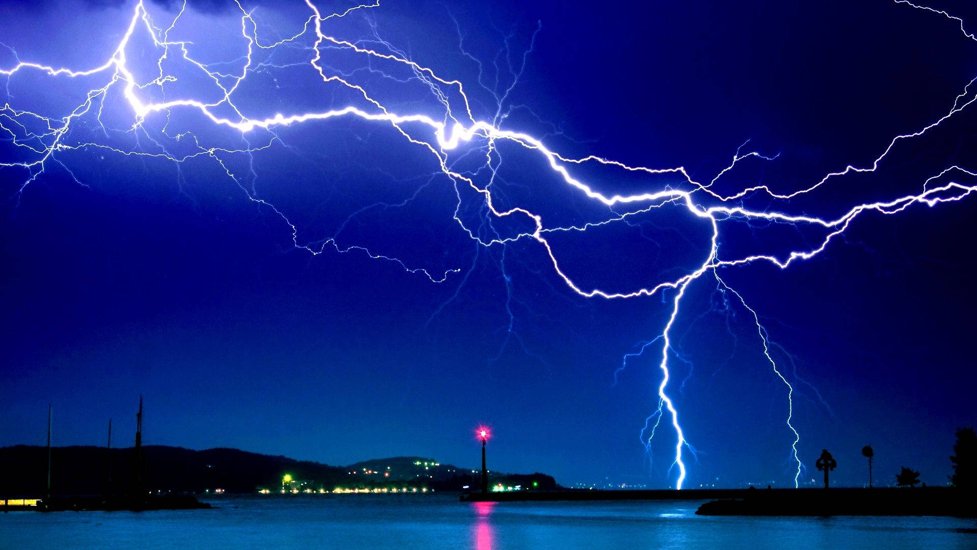 lightning strikes, dark blue night sky, calm water body, Full HD Desktop Wallpaper