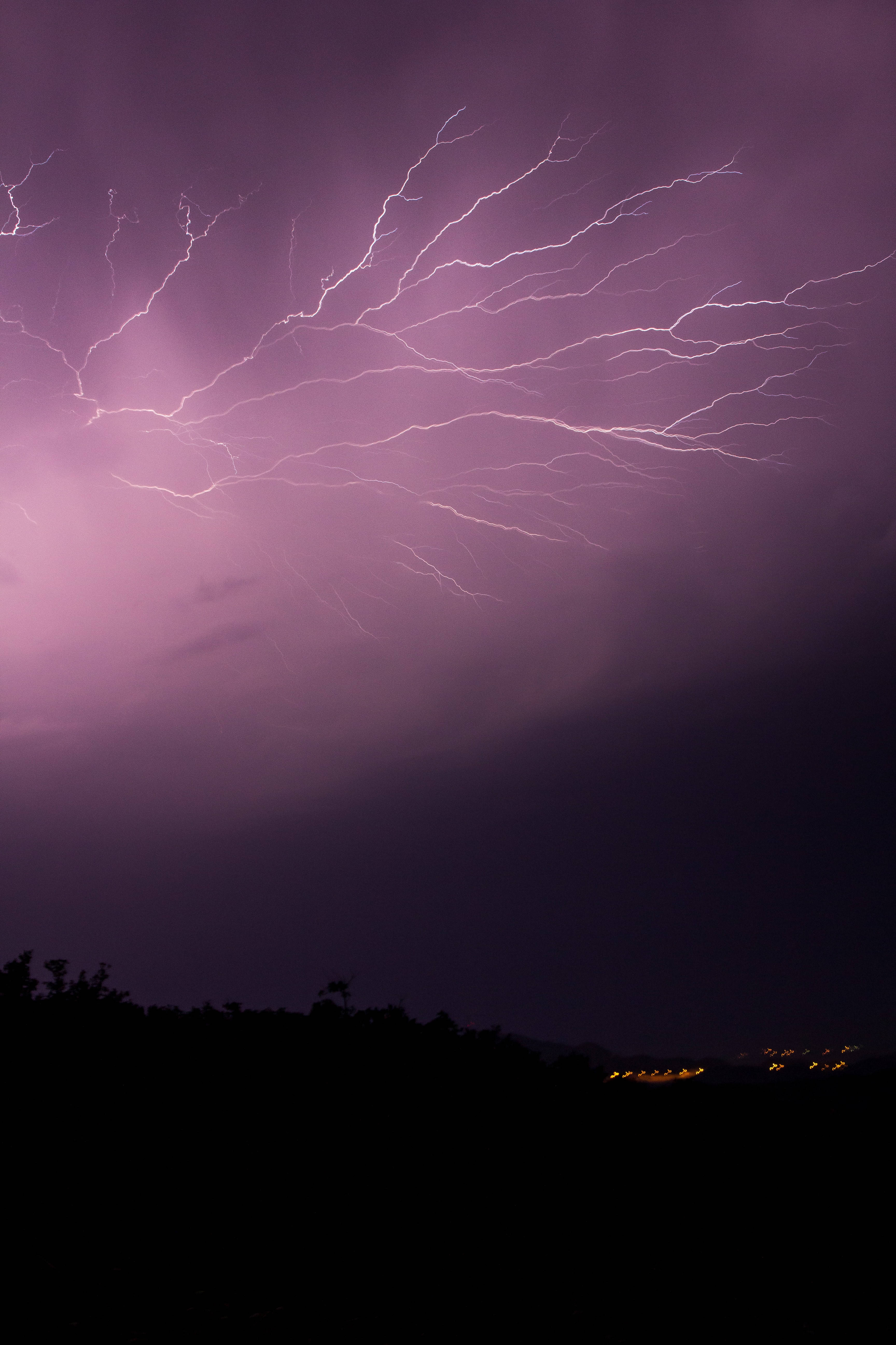 Lightning, Purple sky, Dark sky, 5K Phone Wallpaper
