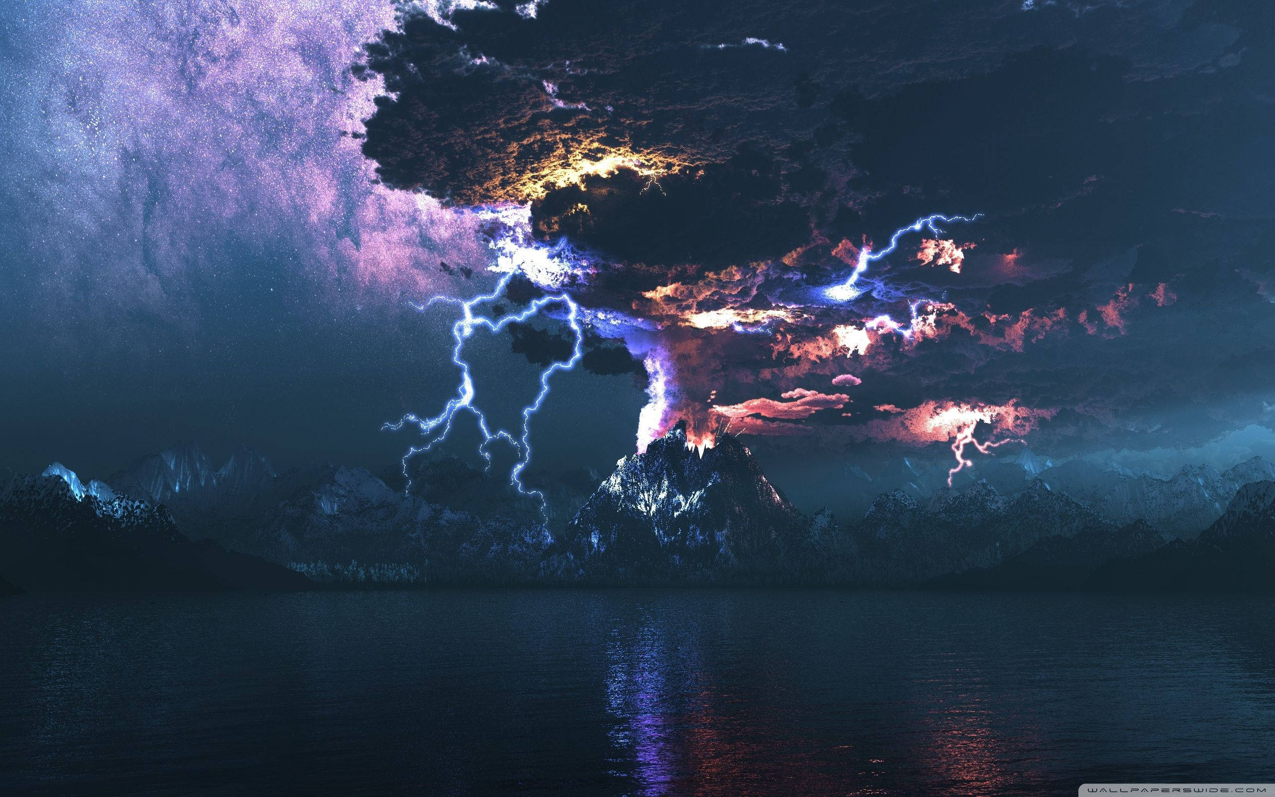 lightning, volcano, stormy sky, 2K Desktop Wallpaper