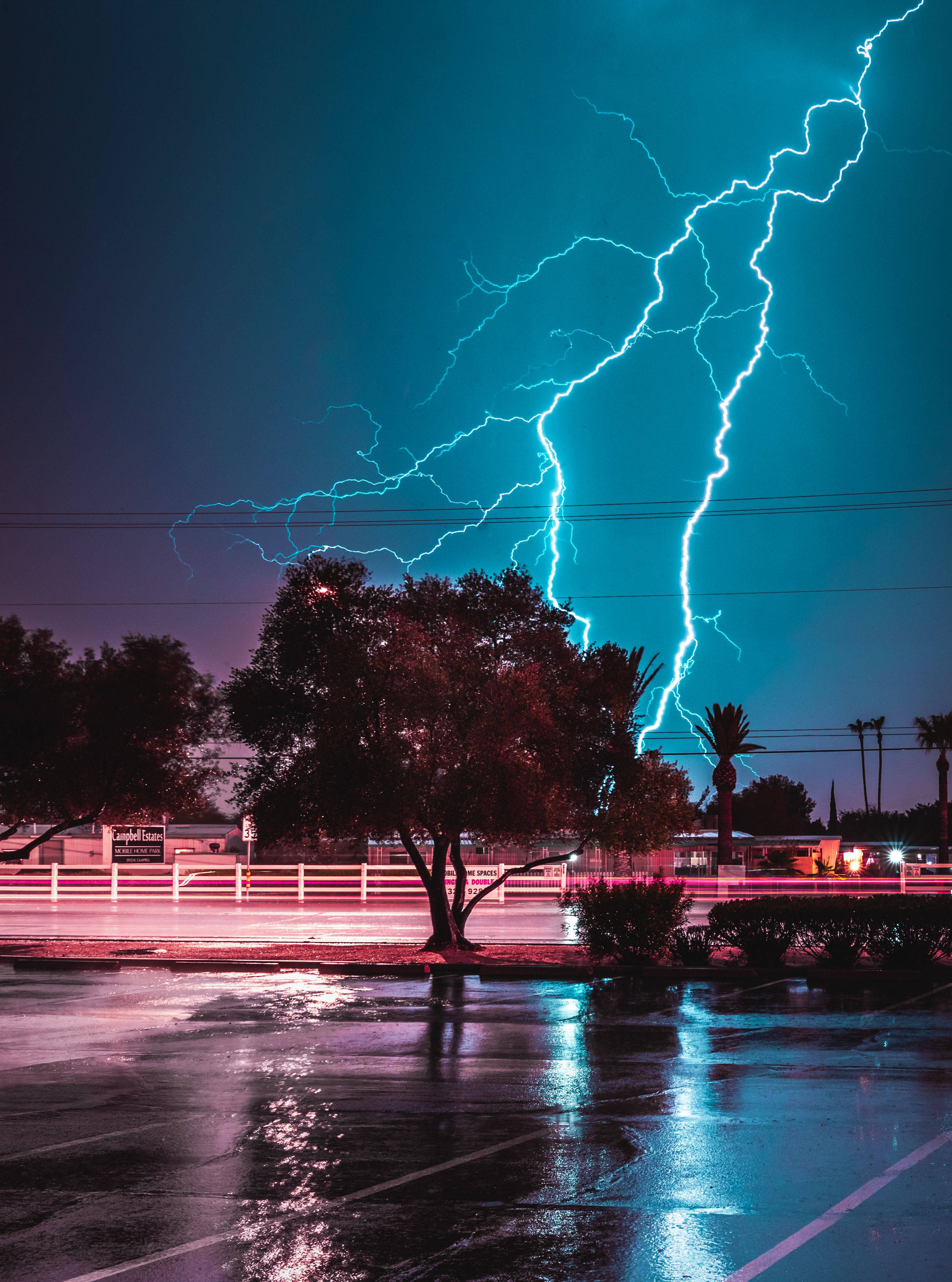 Aesthetic Blue Lightning Mobile, wet parking lot, night, 4K Phone Wallpaper