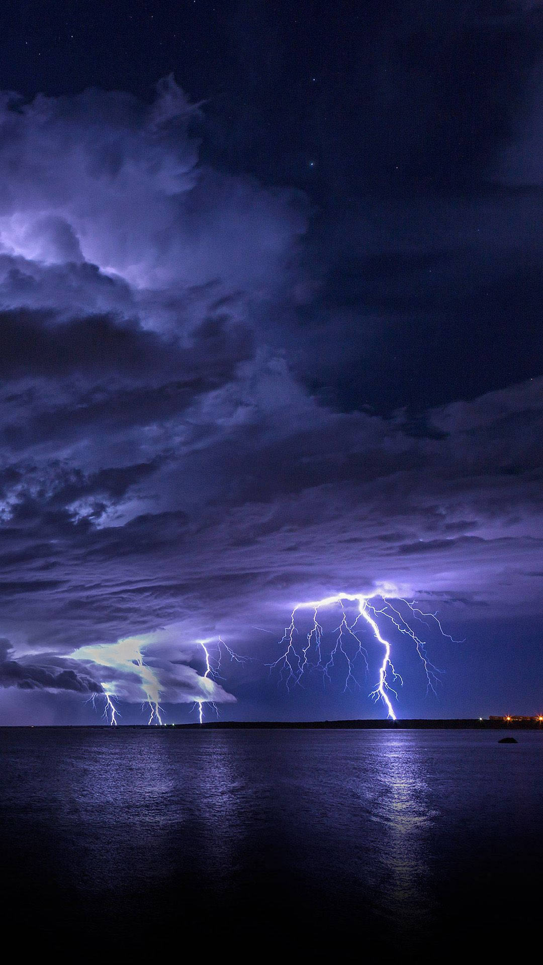 Aesthetic Blue Lightning, night storm, dark lake, Full HD Phone Wallpaper