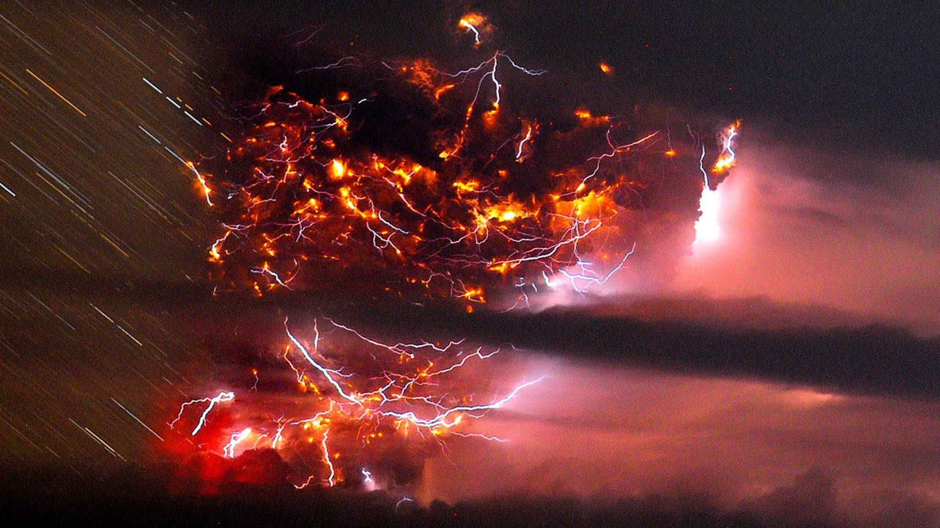 massive lightning explosion, volcanic eruption, fiery lava, Full HD Desktop Wallpaper