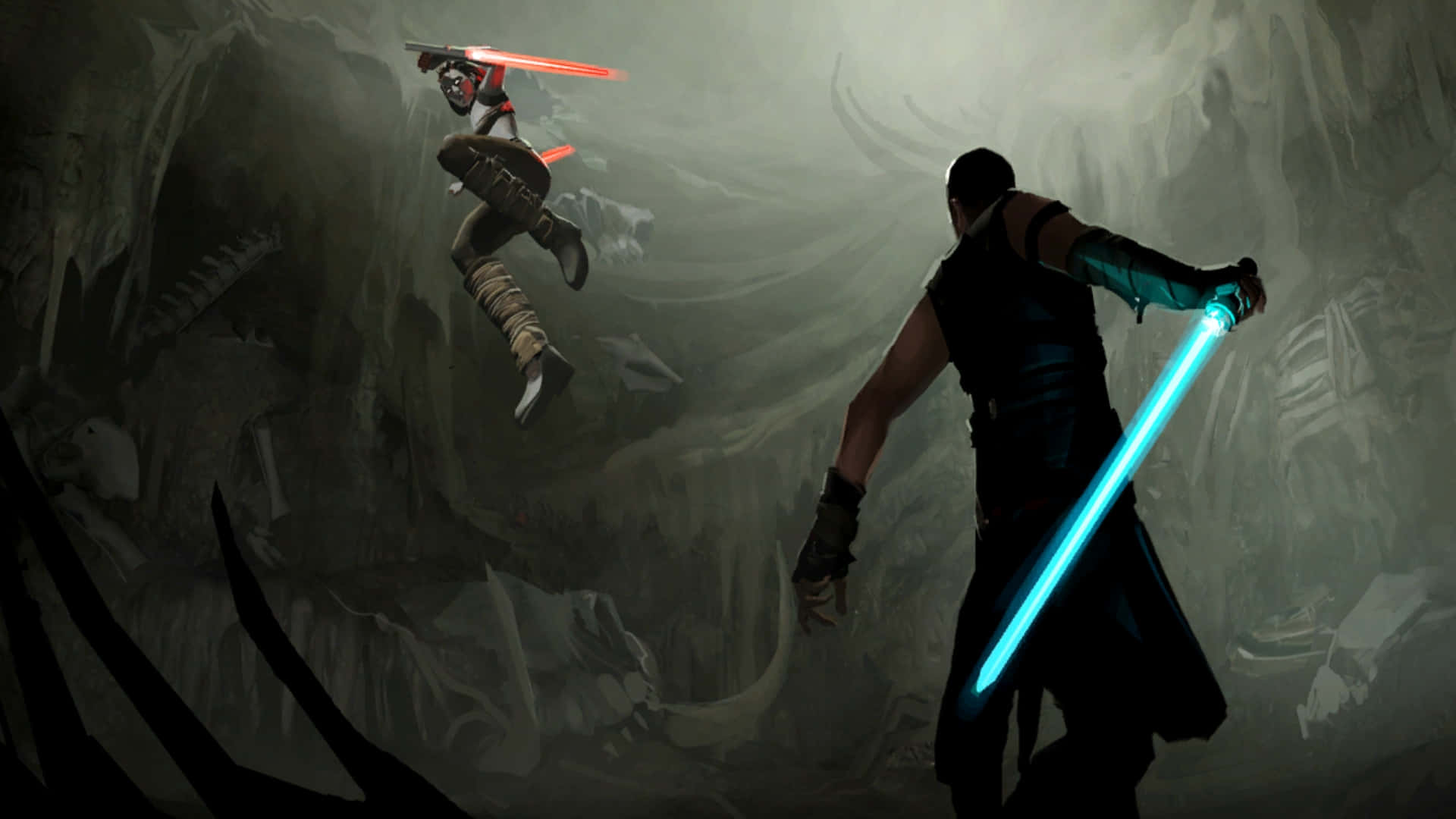 Lightsaber Duel, glowing lightsabers, misty cavern, Full HD Desktop Wallpaper