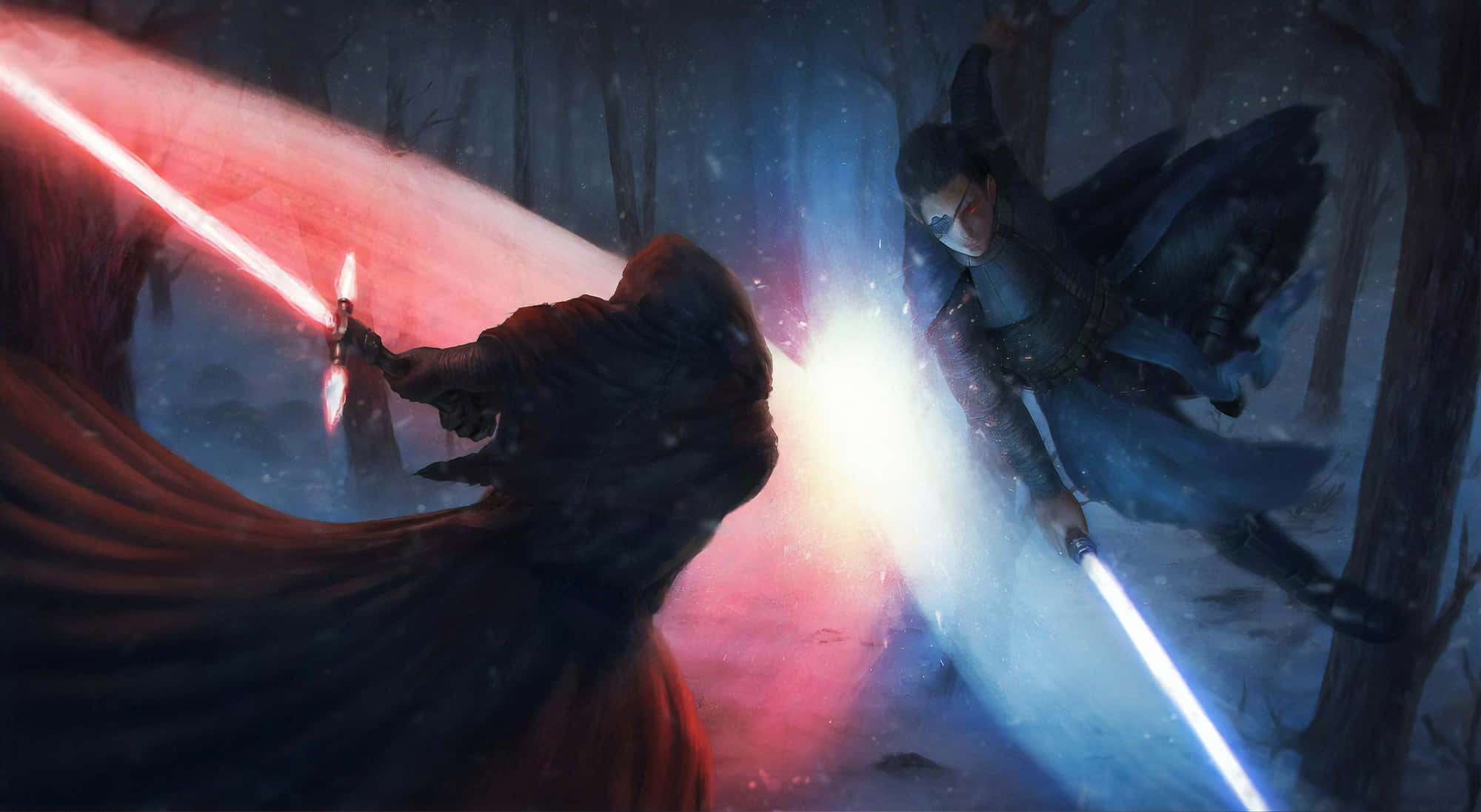 Lightsaber Duel, red lightsabers, blue lightsabers, Full HD Desktop Wallpaper