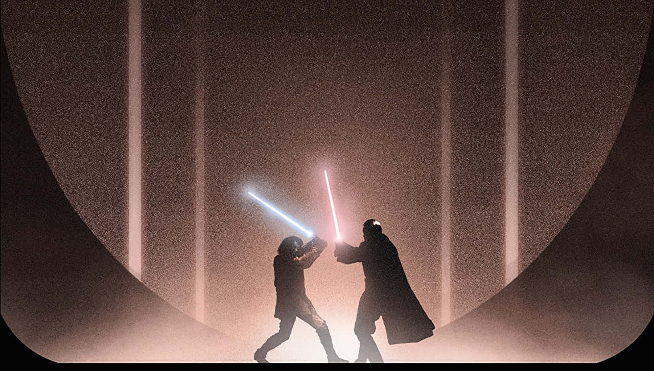 Lightsaber Duel, glowing blue and red lightsabers, misty, curved chamber, HD Desktop Wallpaper