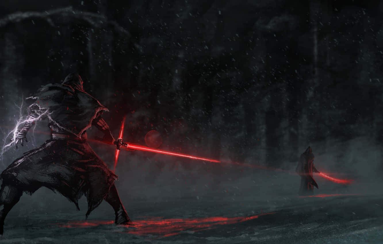 Lightsaber duel, red lightsaber, snowy forest, HD Desktop Wallpaper