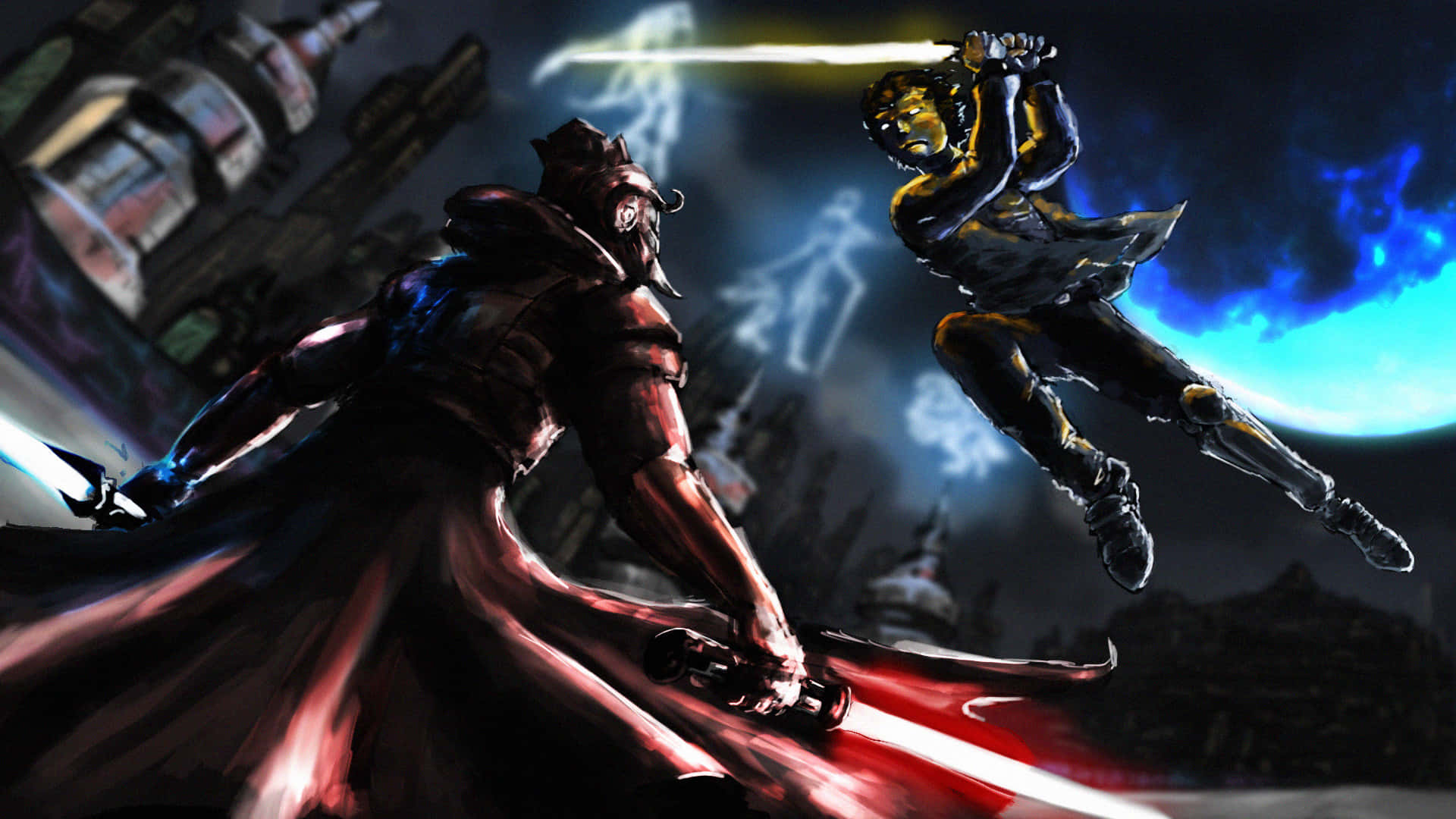 Lightsaber Duel, blue moon, dark sci-fi battlefield, Full HD Desktop Wallpaper
