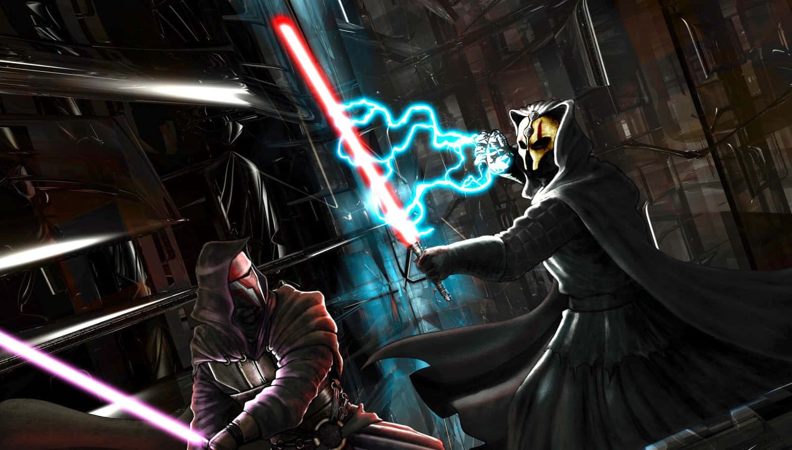 Lightsaber Duel, red lightsaber, blue lightsaber, HD Desktop Wallpaper