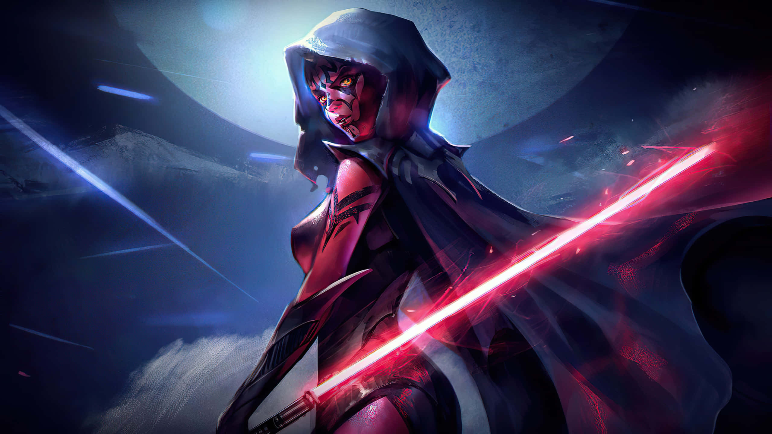 red-skinned warrior, glowing red lightsaber, cosmic backdrop, 2K Desktop Wallpaper