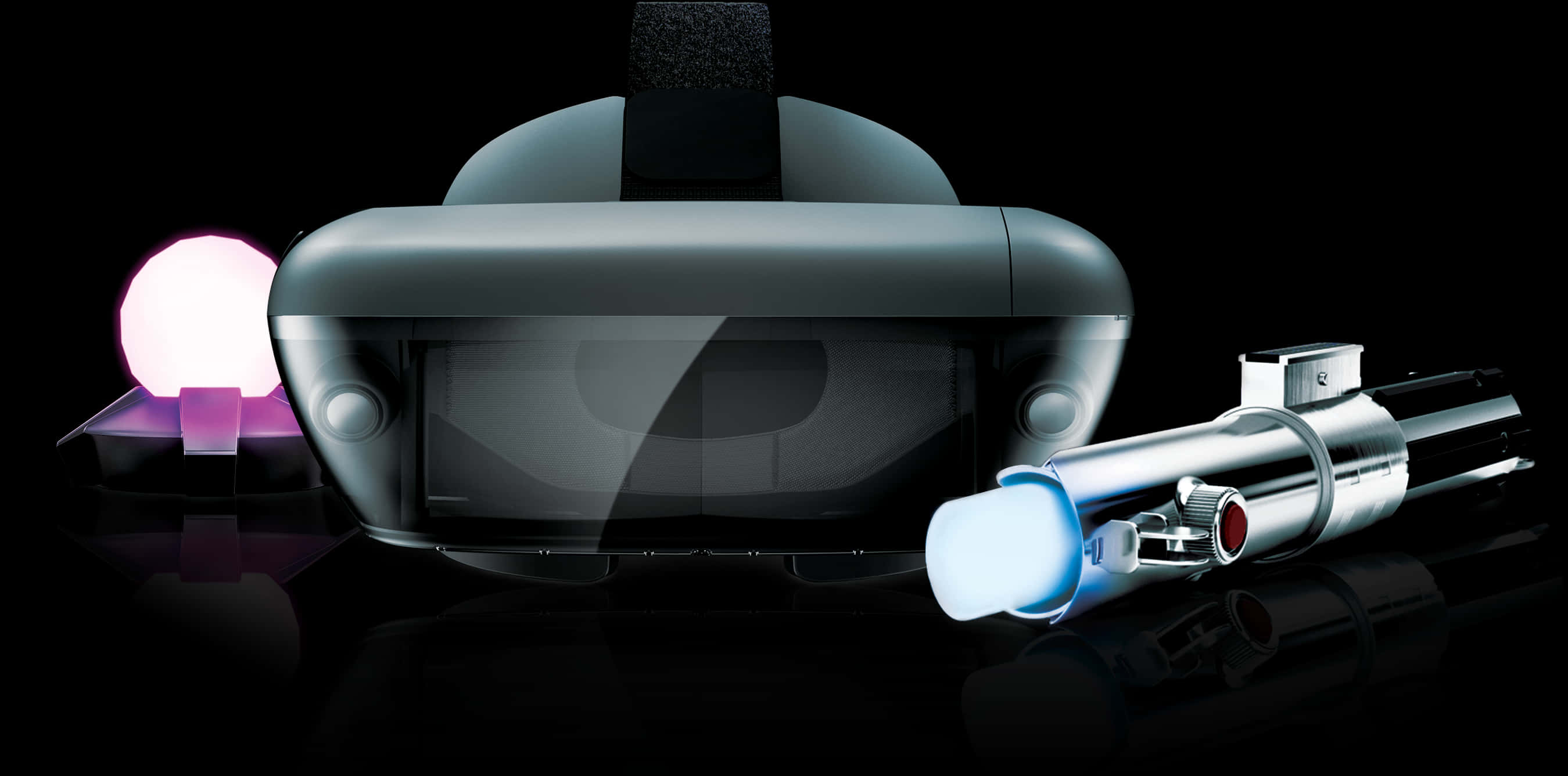 VR headset, lightsaber, reflective black surface, 2K Desktop Wallpaper