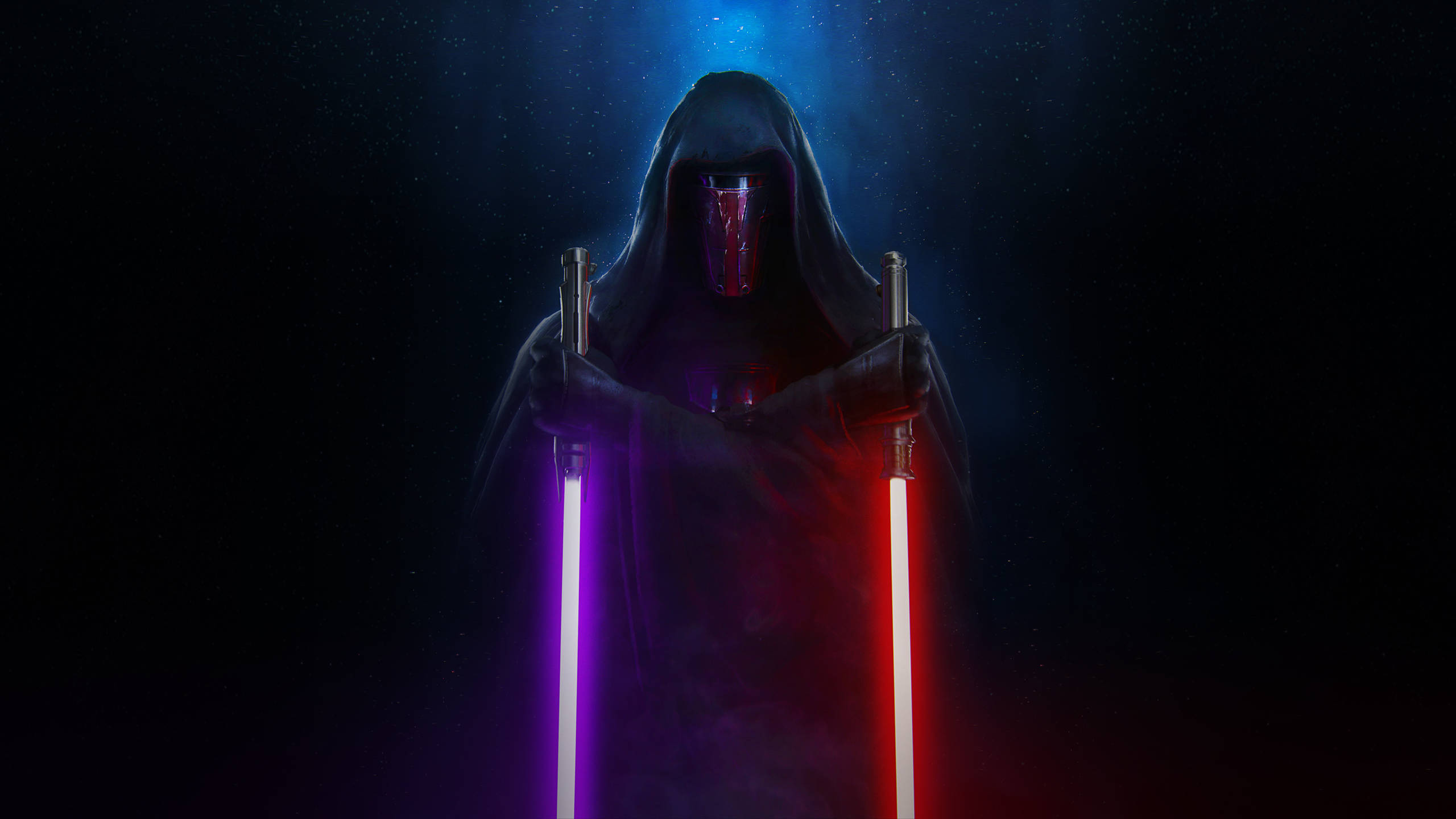 purple lightsaber, red lightsaber, hooded figure, 2K Desktop Wallpaper