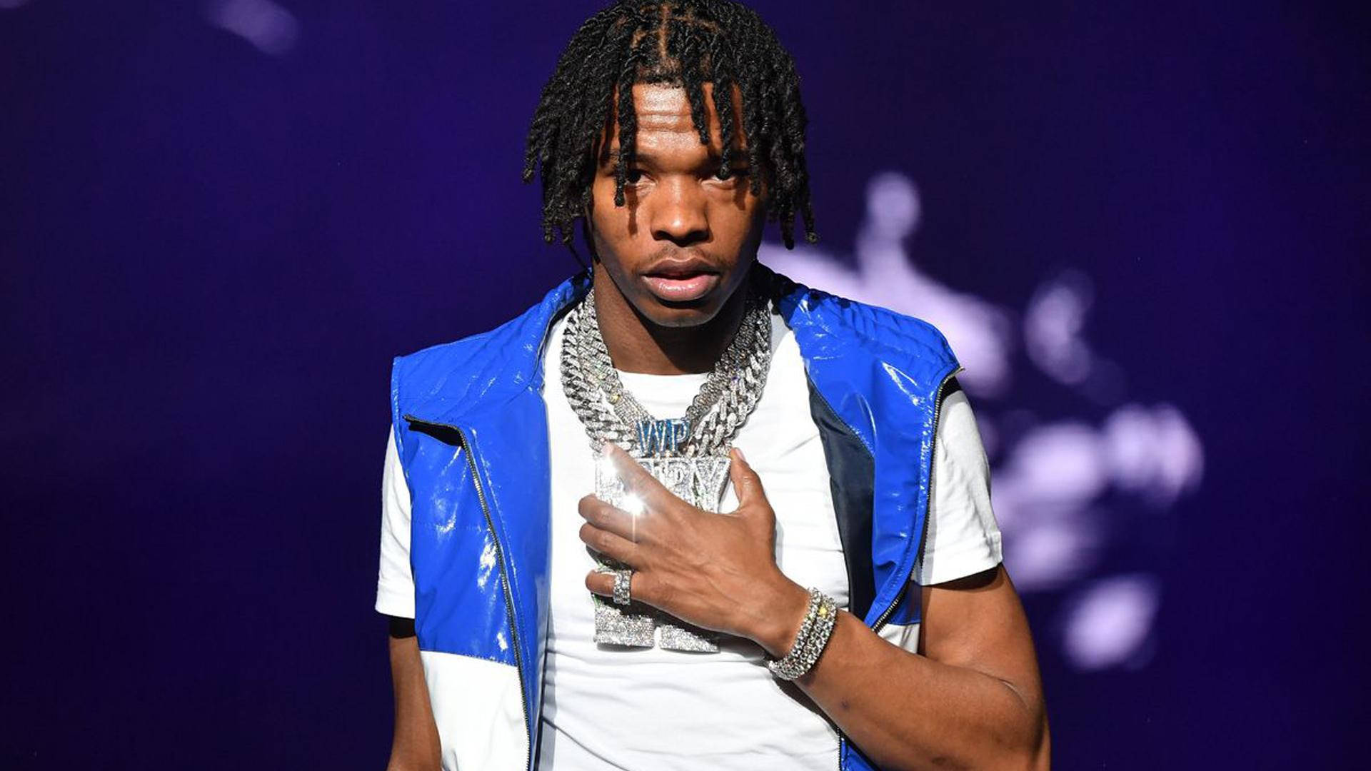 Lil Baby, blue and white vest, heavy silver chains, Full HD Desktop Wallpaper