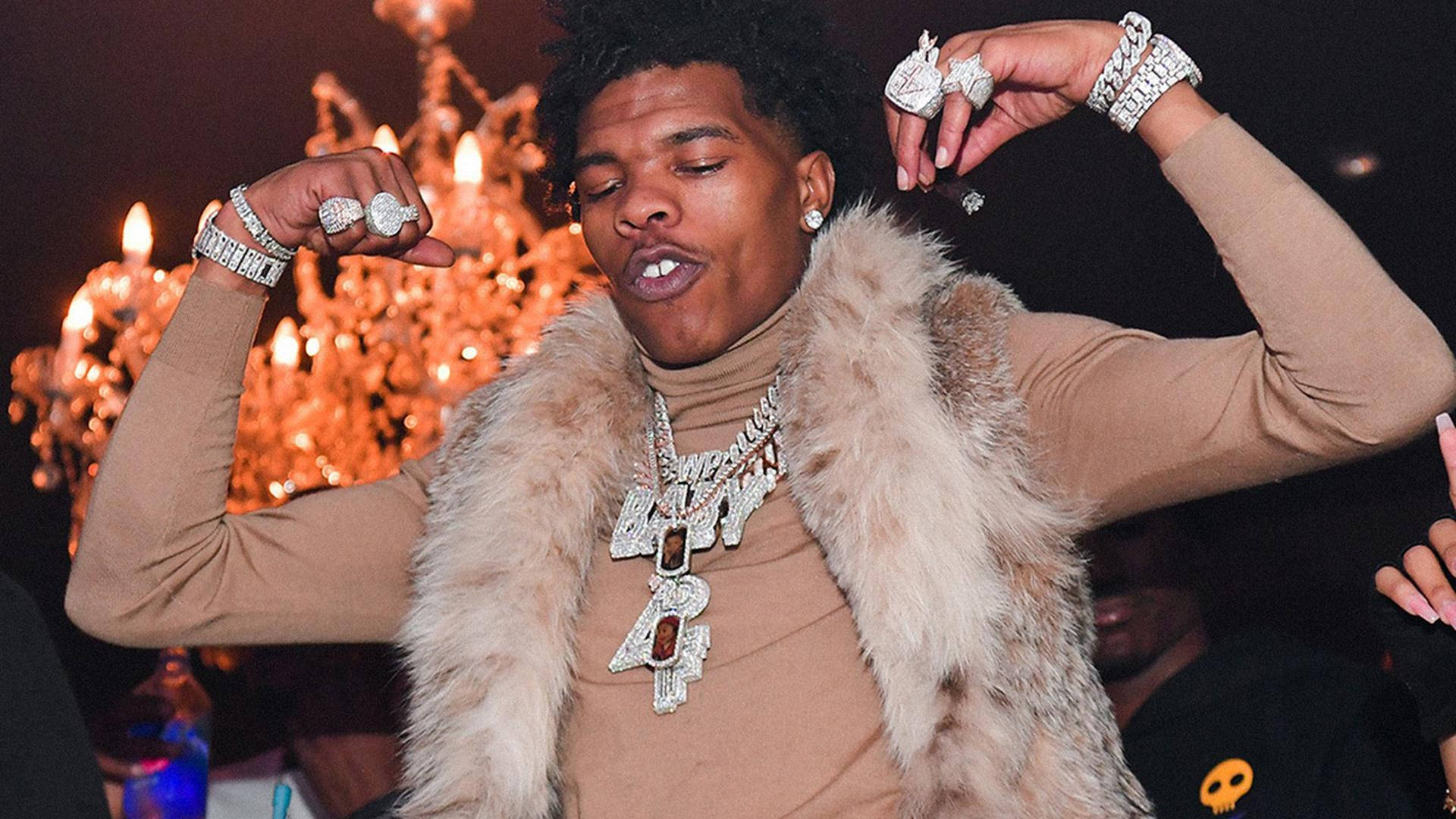 Lil Baby, brown turtleneck shirt, fur vest, Full HD Desktop Wallpaper