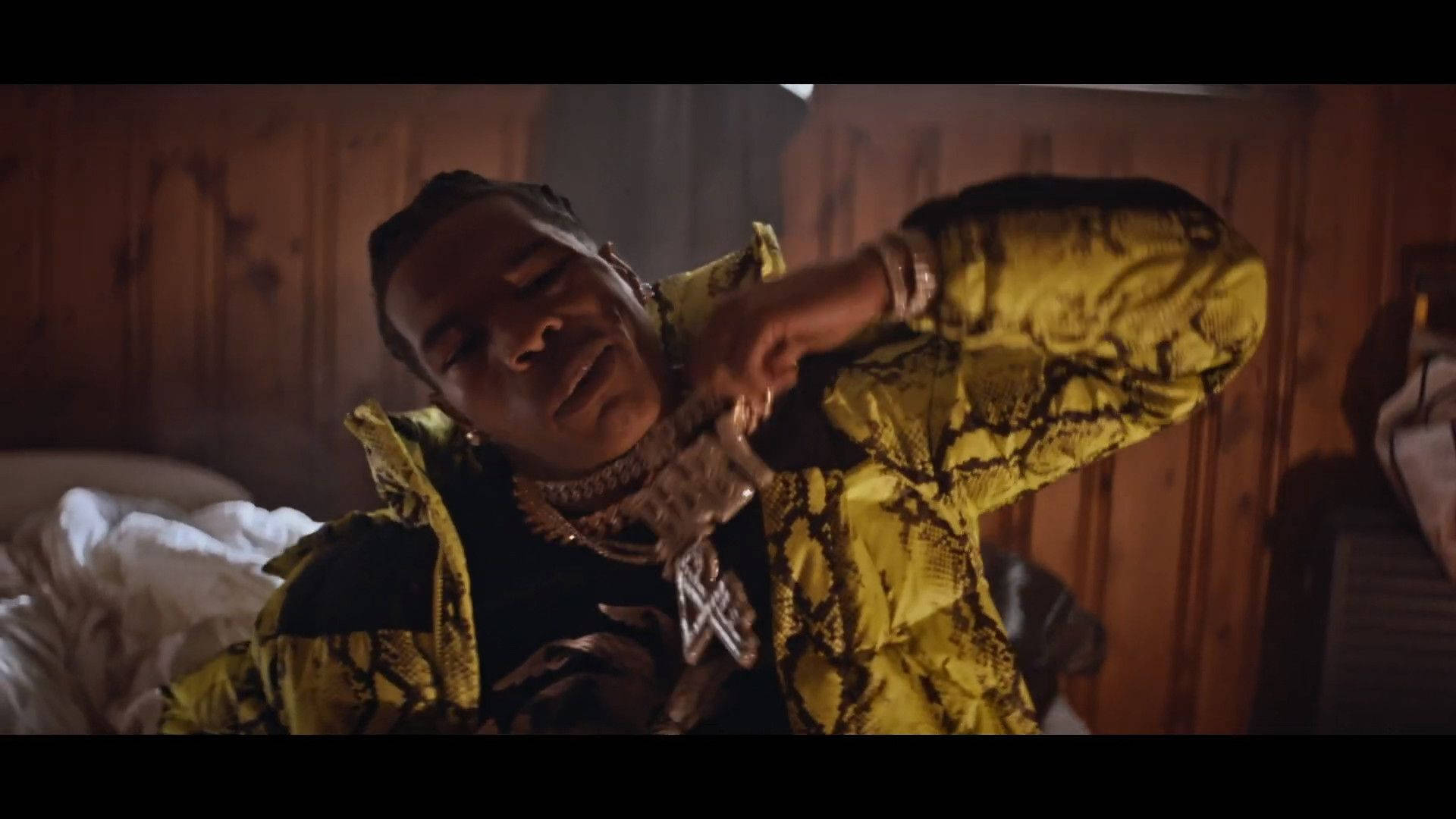 Lil Baby, yellow snakeskin jacket, large cross necklace, Full HD Desktop Wallpaper