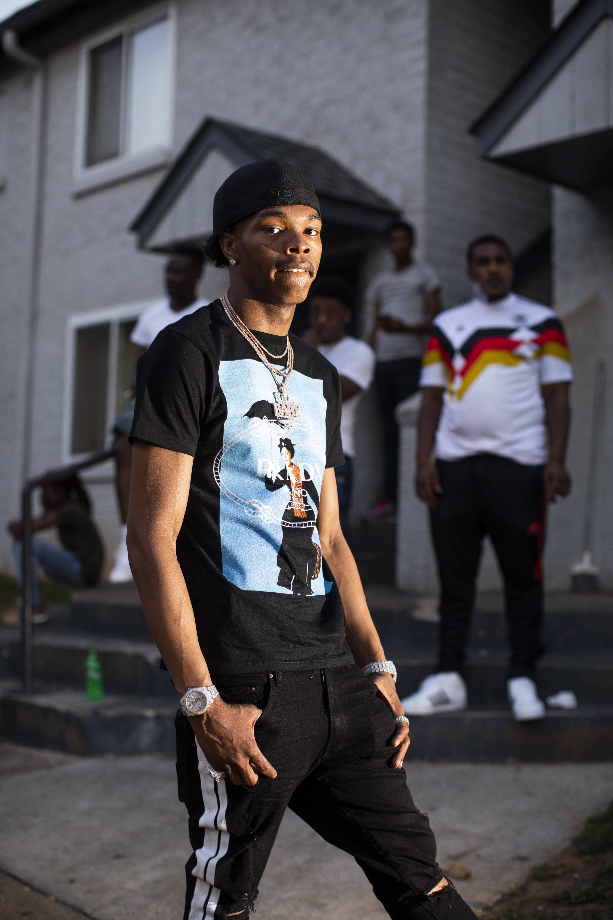 Lil Baby, black Prada shirt, residential porch, 2K Phone Wallpaper