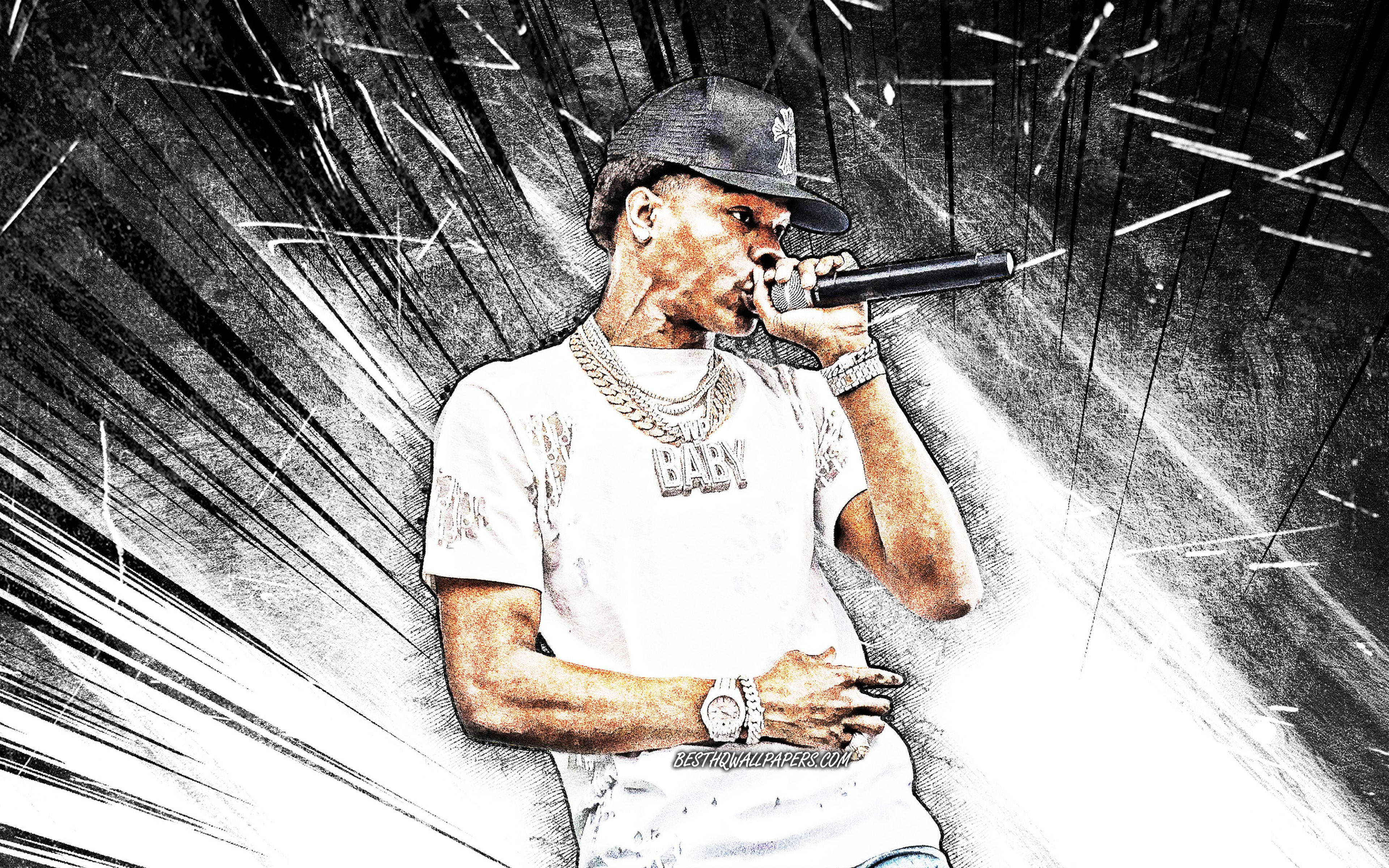 Lil Baby, black and white streaked background, cap, 4K Desktop Wallpaper