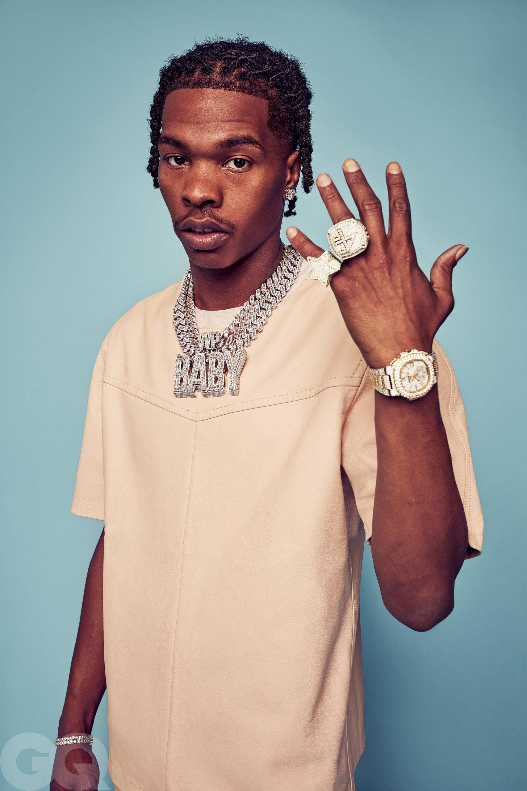Lil Baby, diamond jewelry, beige shirt, 2K Phone Wallpaper