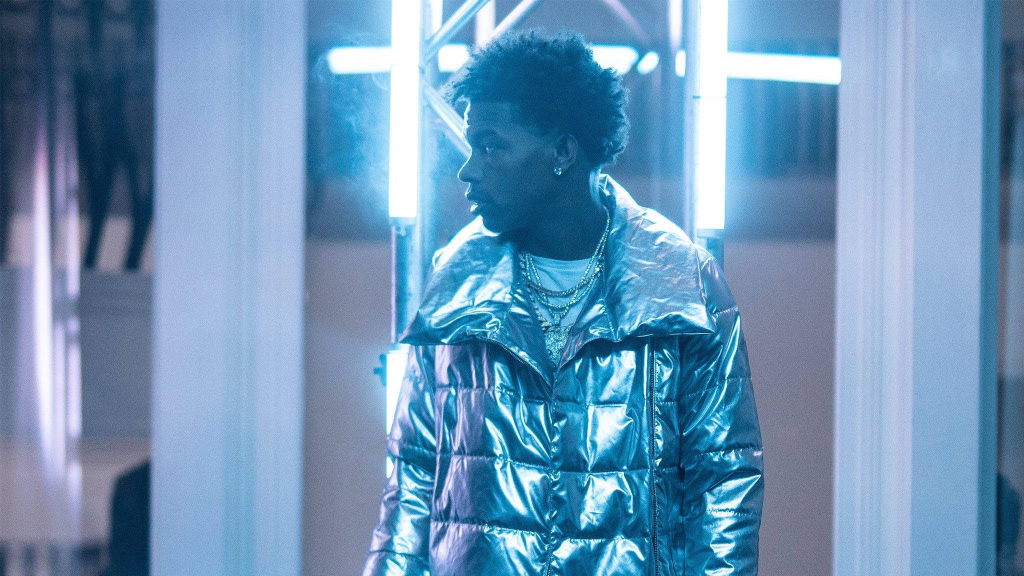 Lil Baby, silver insulated down coat, futuristic blue-lit corridor, Full HD Desktop Wallpaper