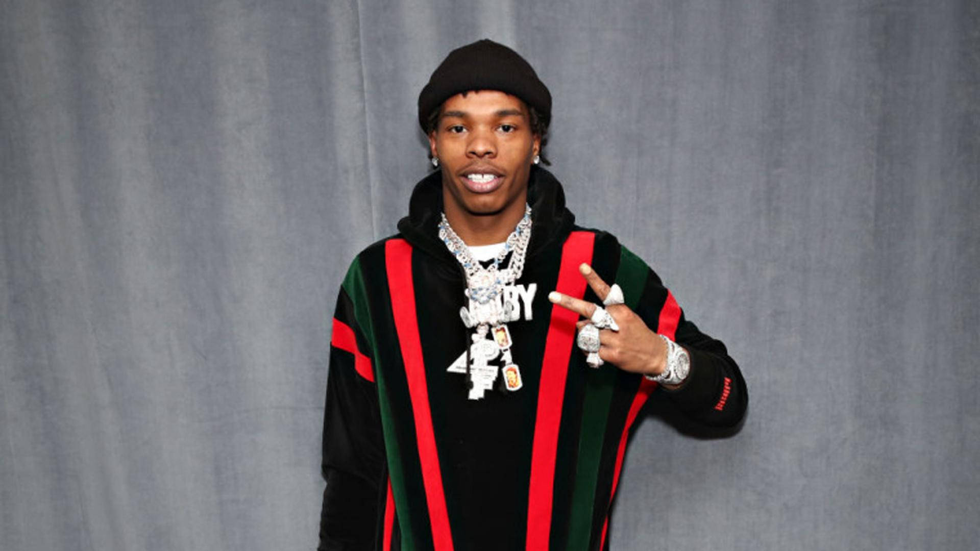 Lil Baby, peace sign, black green and red striped hoodie, Full HD Desktop Wallpaper