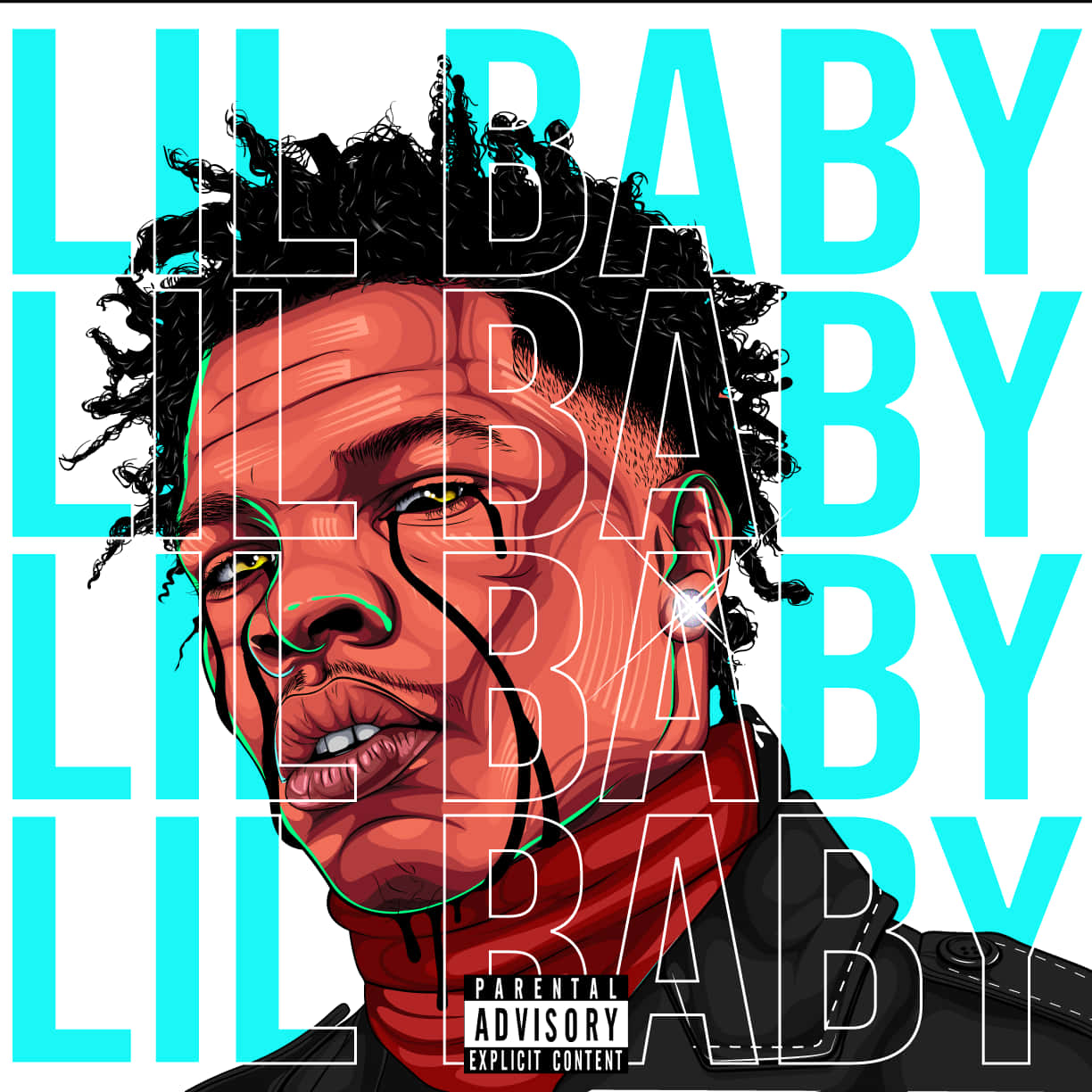 Lil Baby, cyan text overlay, red scarf, SD Desktop Wallpaper
