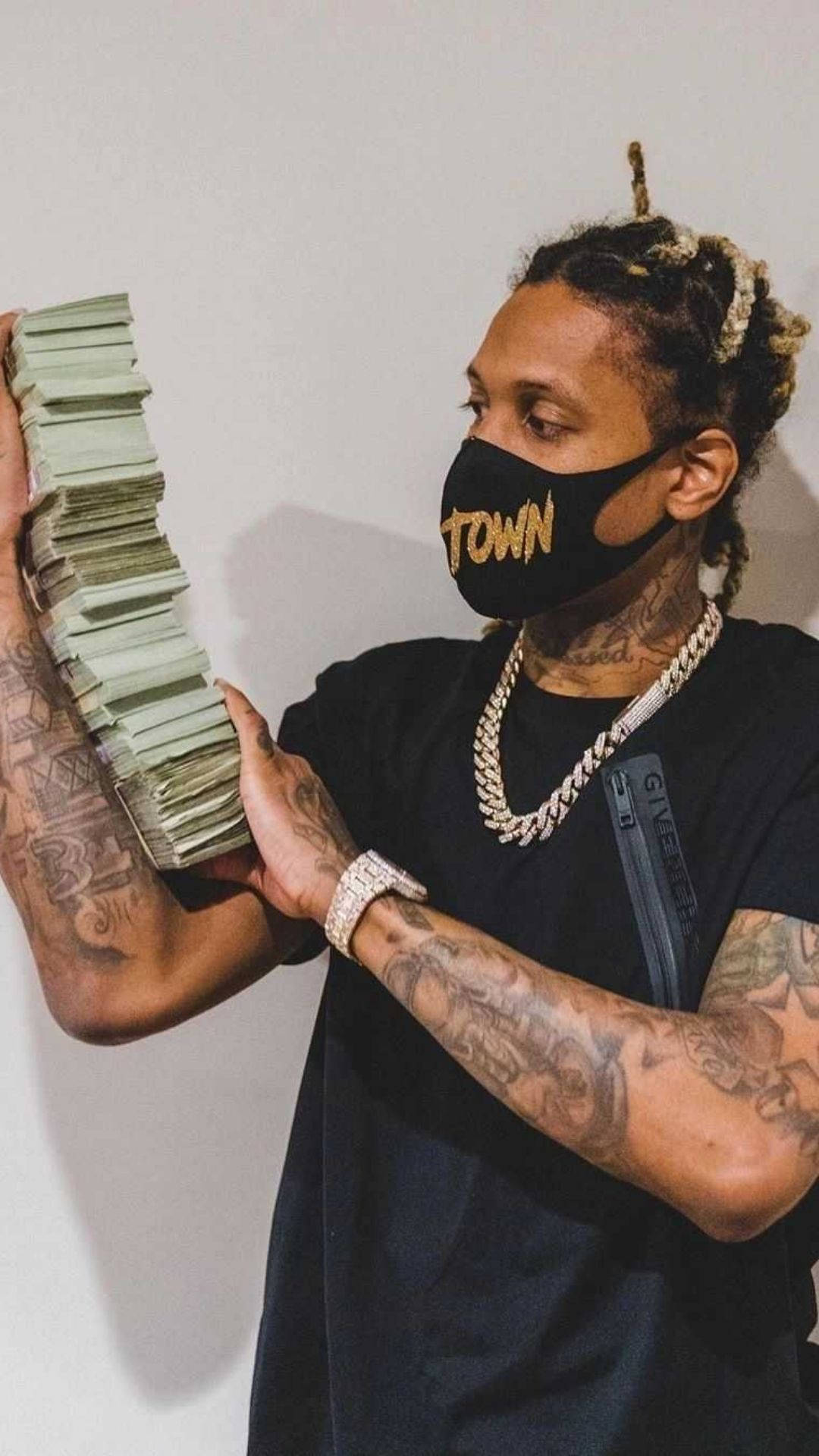 Lil Durk, black mask, massive stack of cash, Full HD Phone Wallpaper