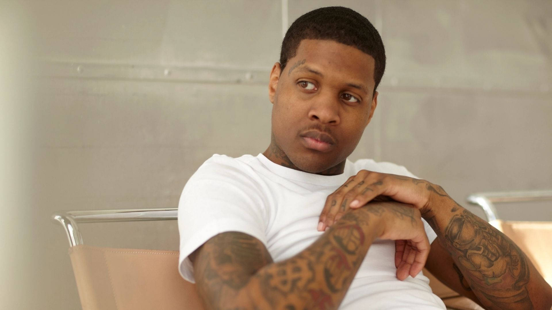Lil Durk, white t-shirt, tattooed arms, Full HD Desktop Wallpaper