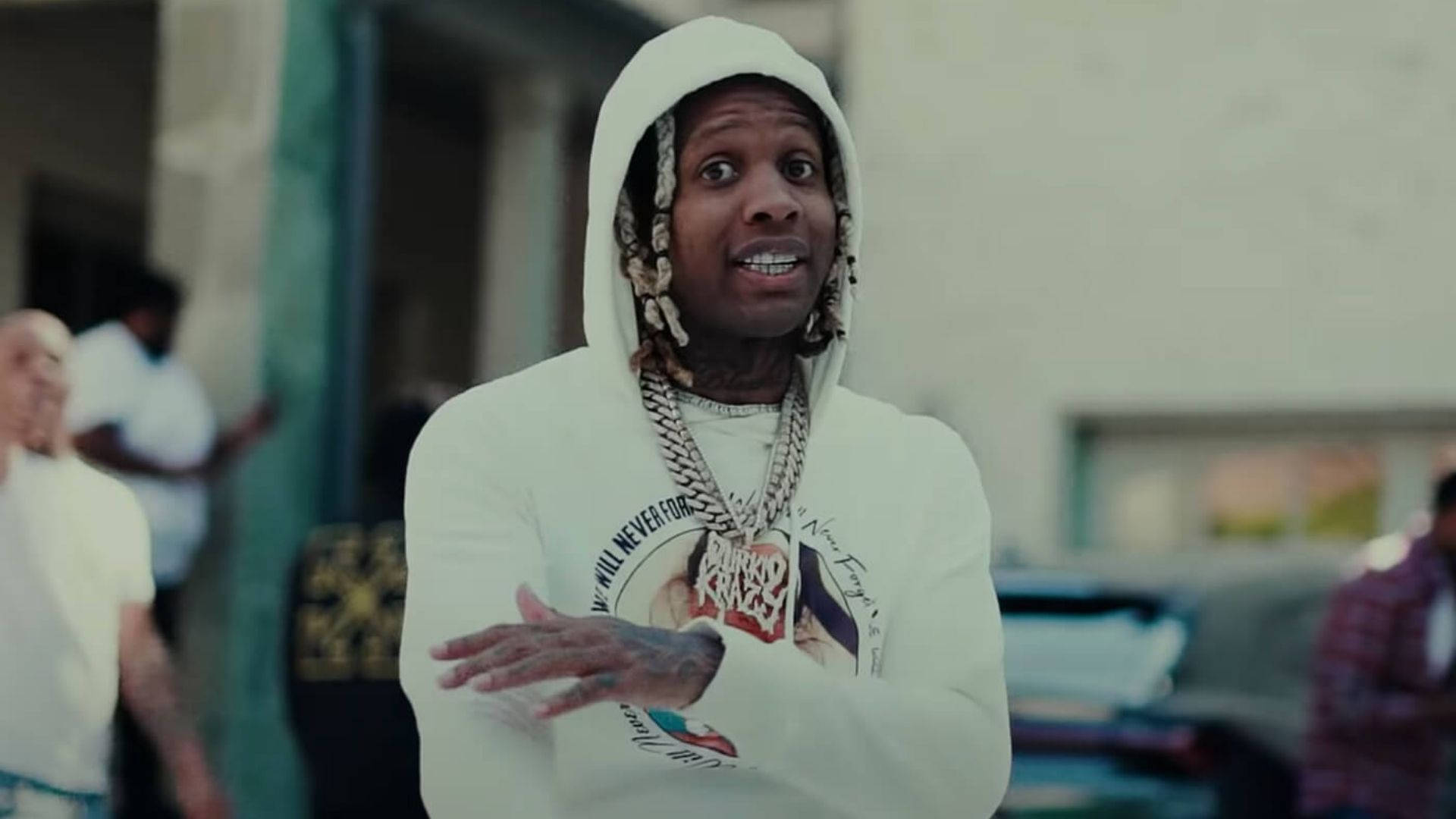 Lil Durk, white hoodie, braided hair, Full HD Desktop Wallpaper