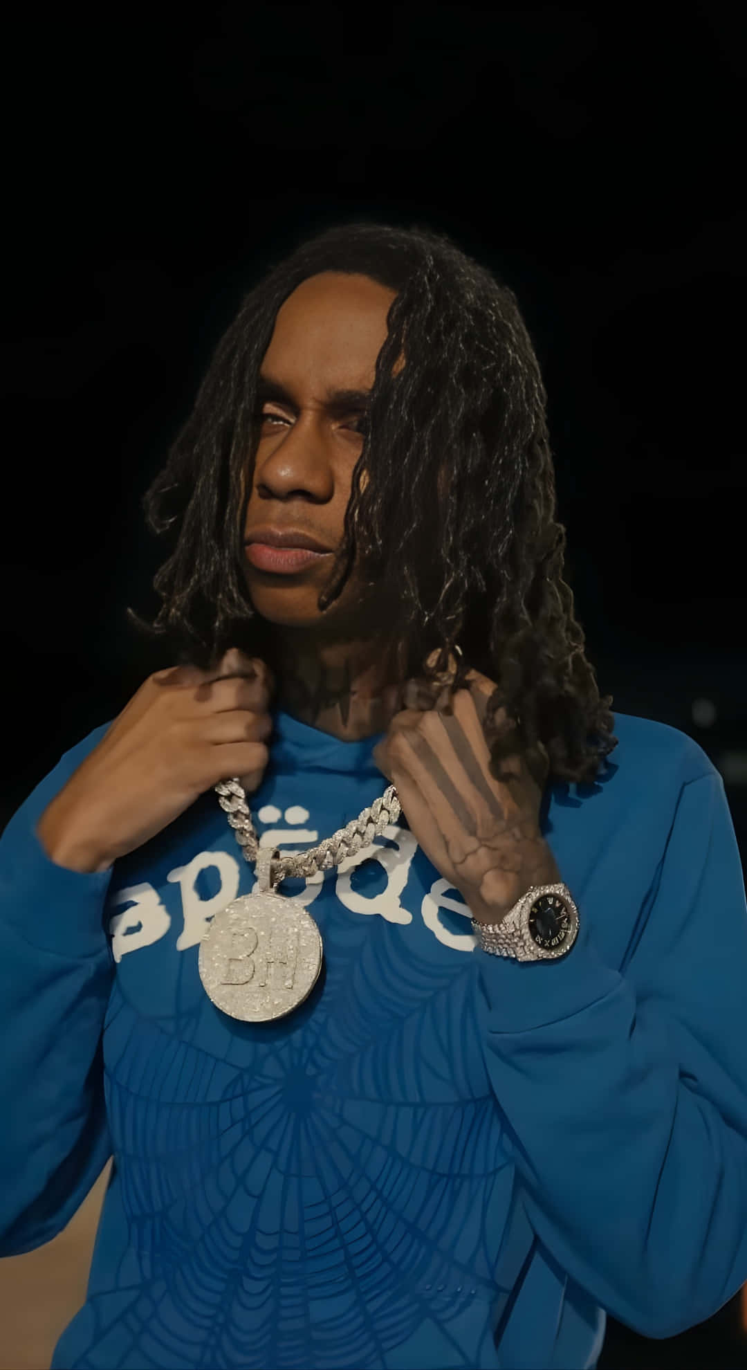 Lil Jeff, blue sweatshirt, diamond-encrusted chain necklace, Full HD Phone Wallpaper