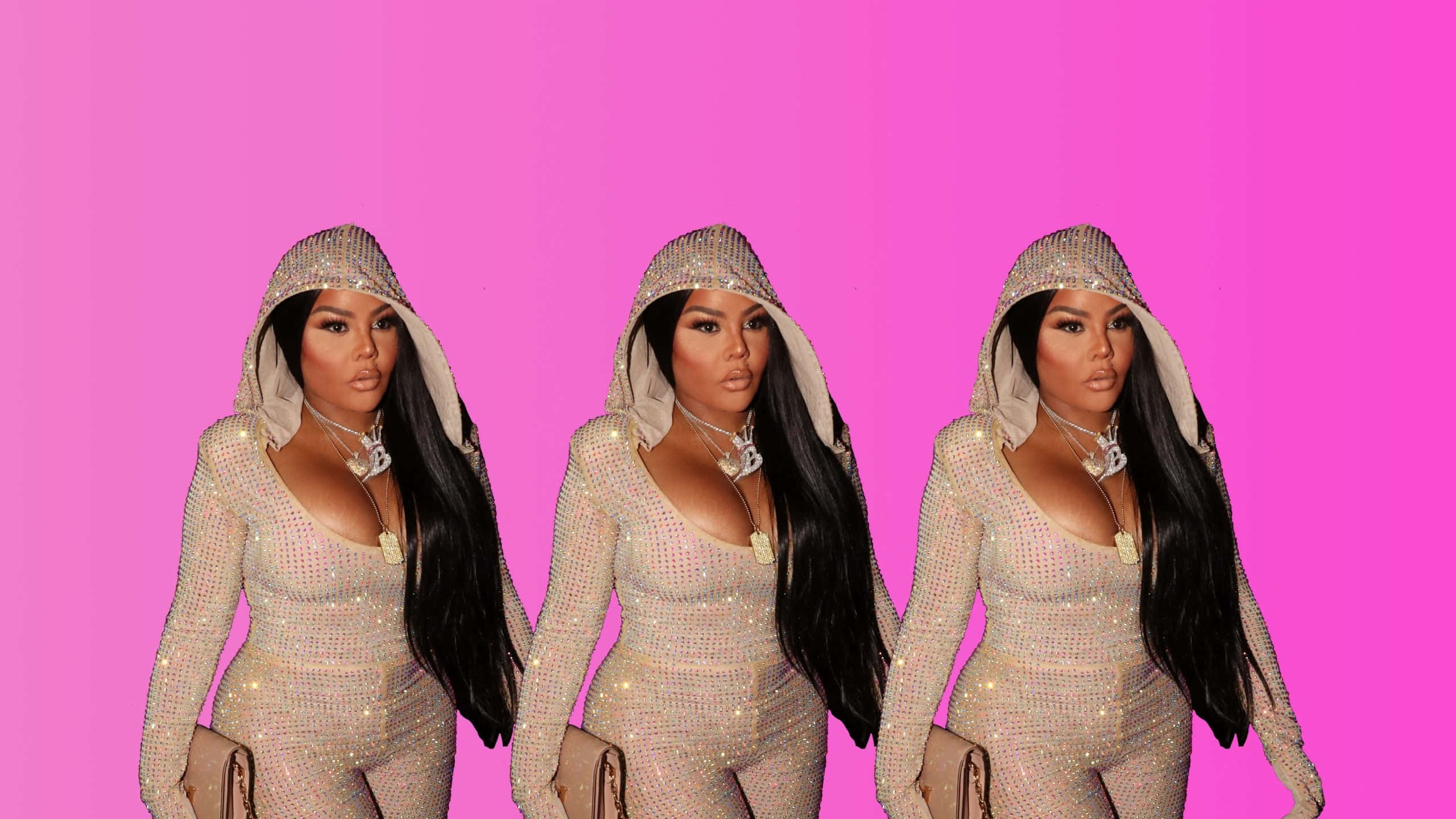 Lil Kim, triple pose, sparkling silver hooded bodysuits, 2K Desktop Wallpaper