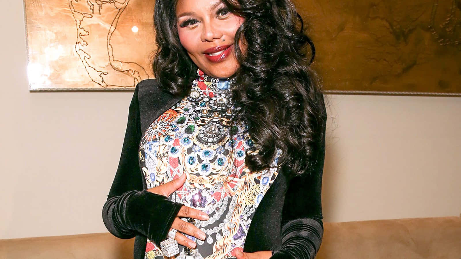Lil Kim, jeweled multicolored top, black velvet blazer, HD Desktop Wallpaper
